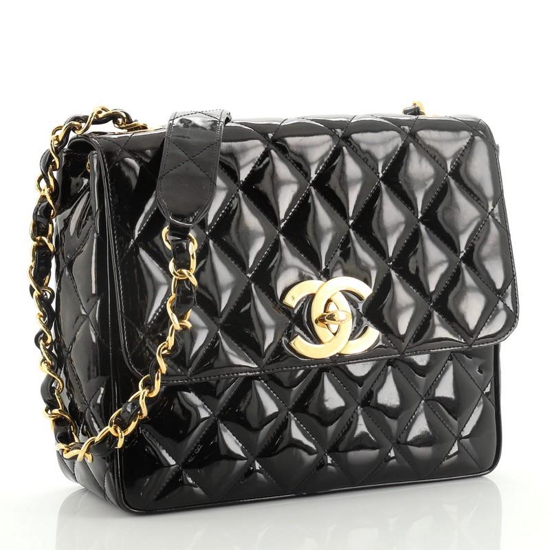 Black Chanel Vintage Square CC Flap Bag Quilted Patent Medium