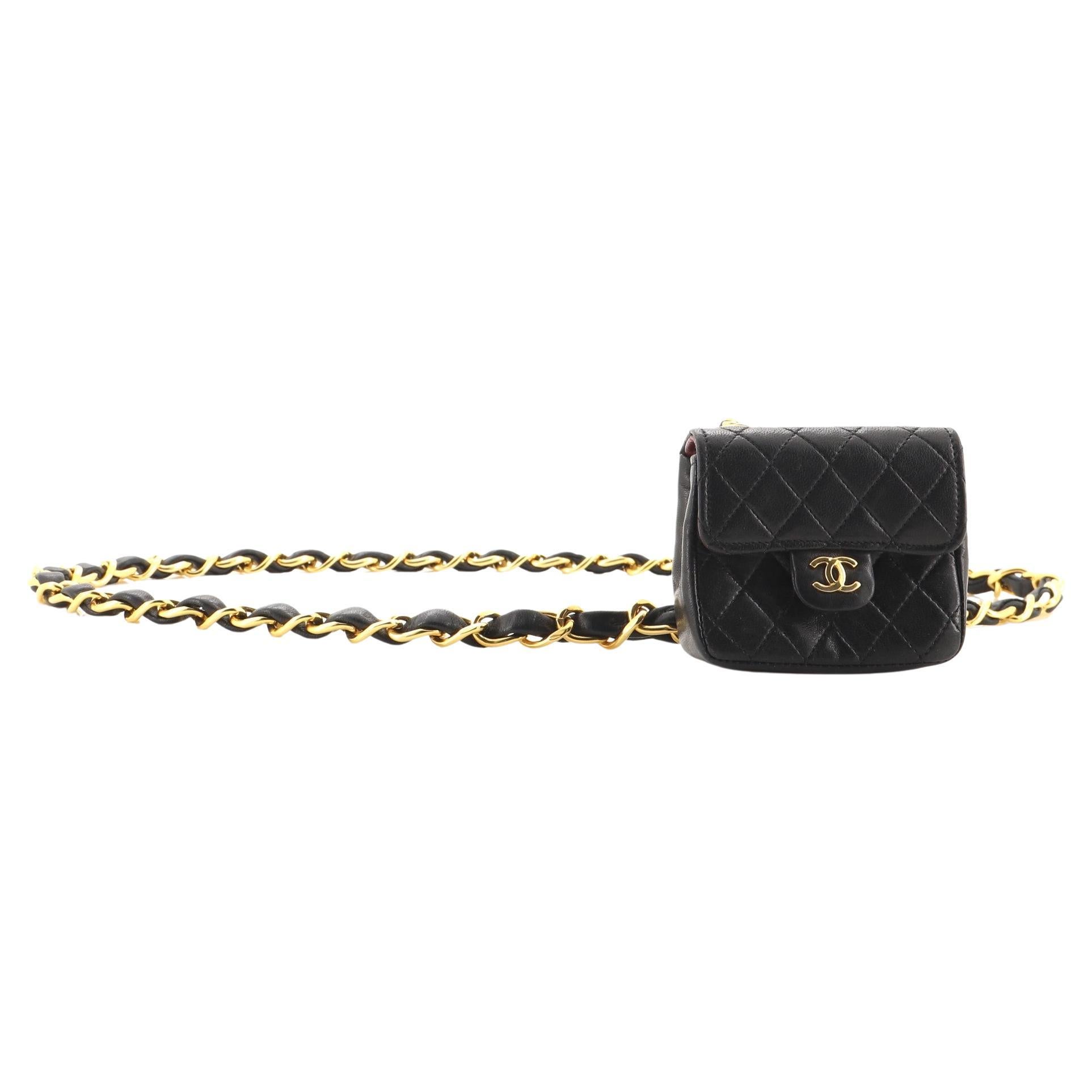 Chanel Vintage Brown Lambskin Quilted Micro Mini Flap Belt Bag Charm