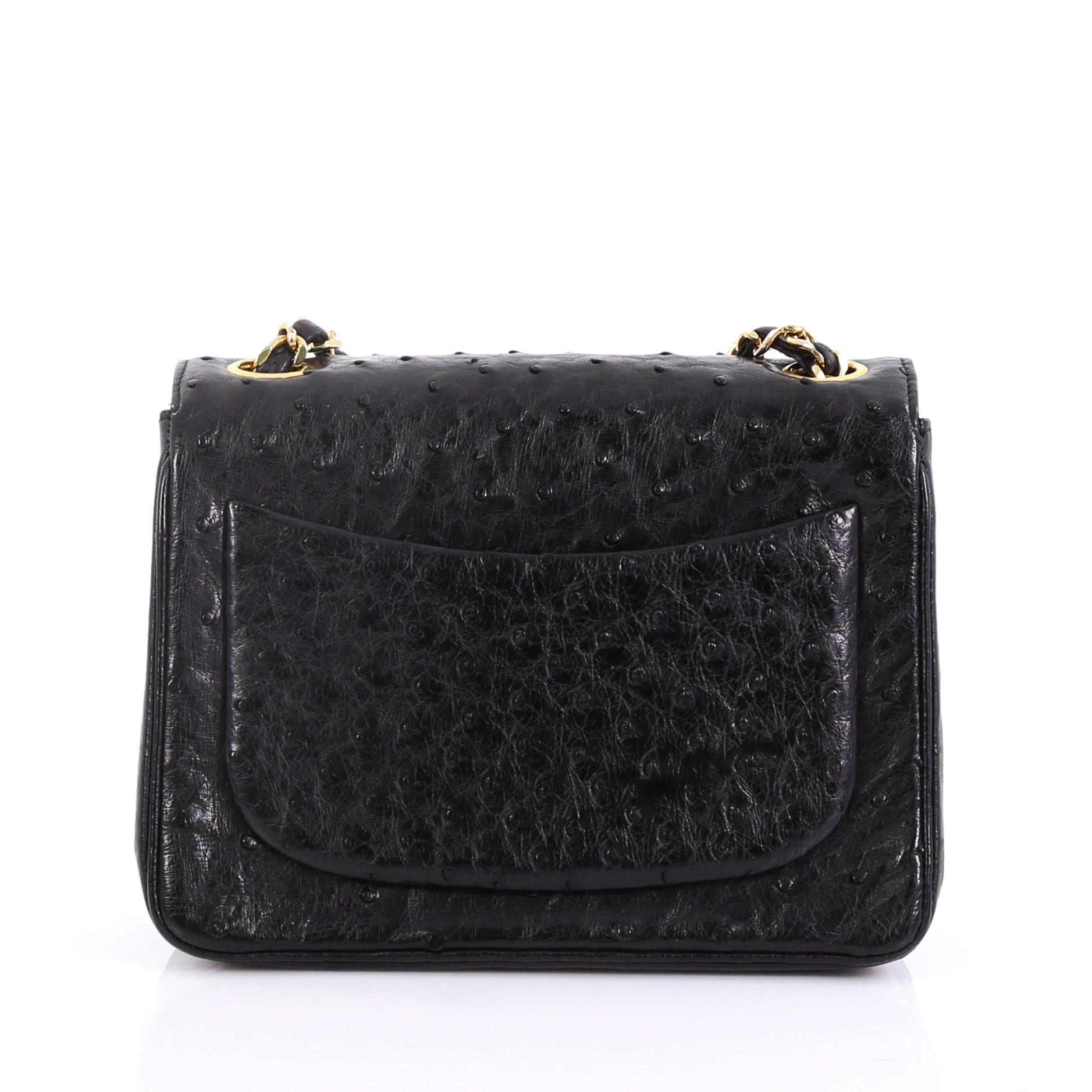 Black Chanel Vintage Square Classic Single Flap Bag Ostrich Mini