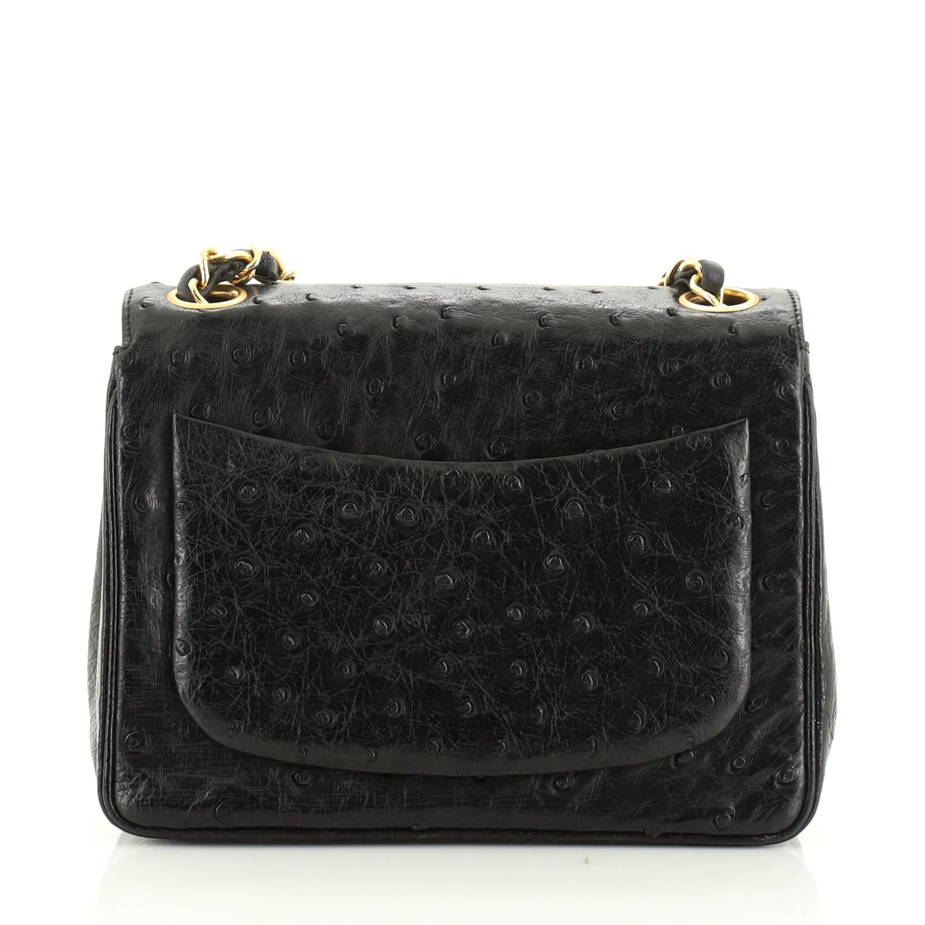 Black Chanel Vintage Square Classic Single Flap Bag Ostrich Mini
