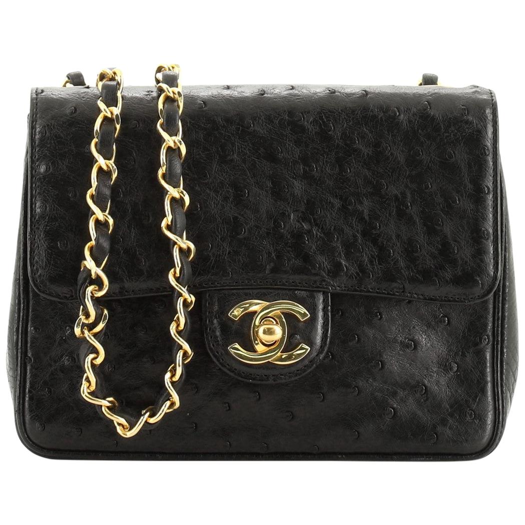 Chanel Vintage Square Classic Single Flap Bag Ostrich Mini