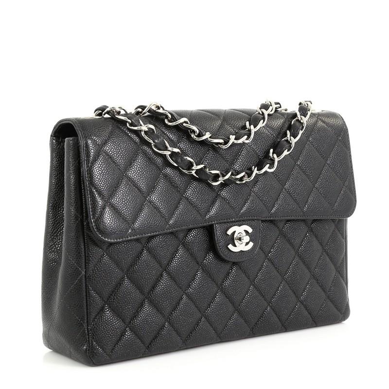 Black Chanel Vintage Square Classic Single Flap Bag Quilted Caviar Jumbo