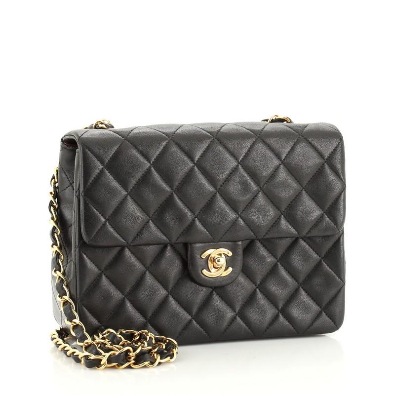 Black Chanel Vintage Square Classic Single Flap Bag Quilted Lambskin Mini