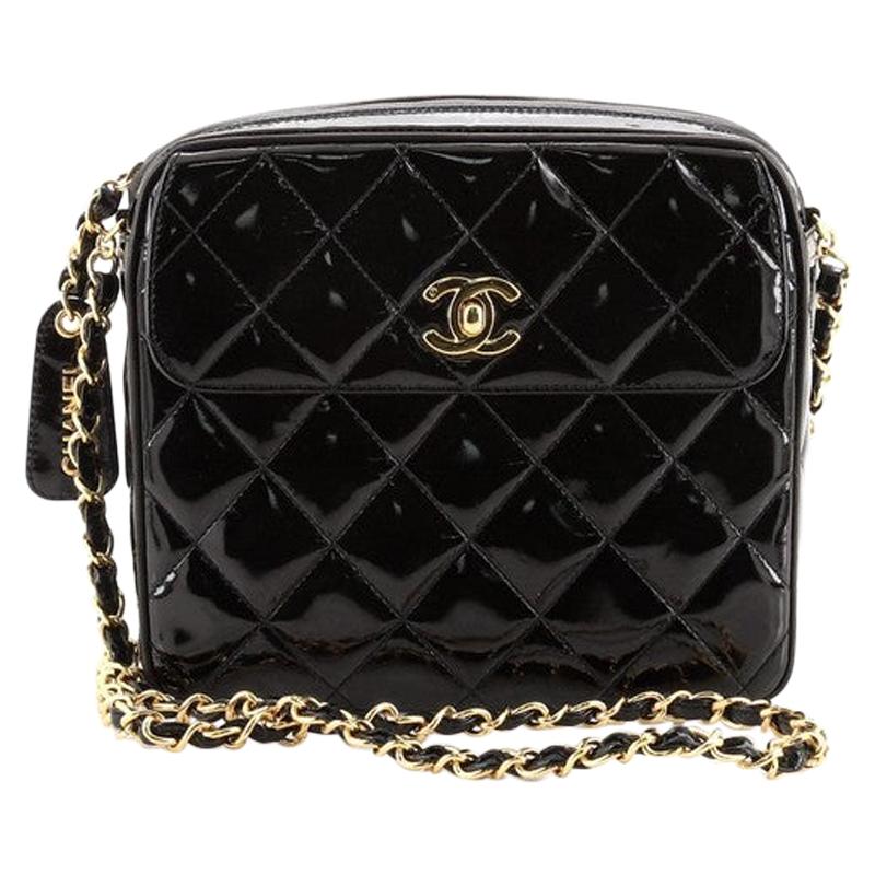 CHANEL BALLERINE RIBBON PIPING CAMERA BAG, black quilted leather iconic  pattern and diamond CC pattern in the centre, gun metal tone hardware,  chain and leather interwoven shoulder strap with one leather shoulder