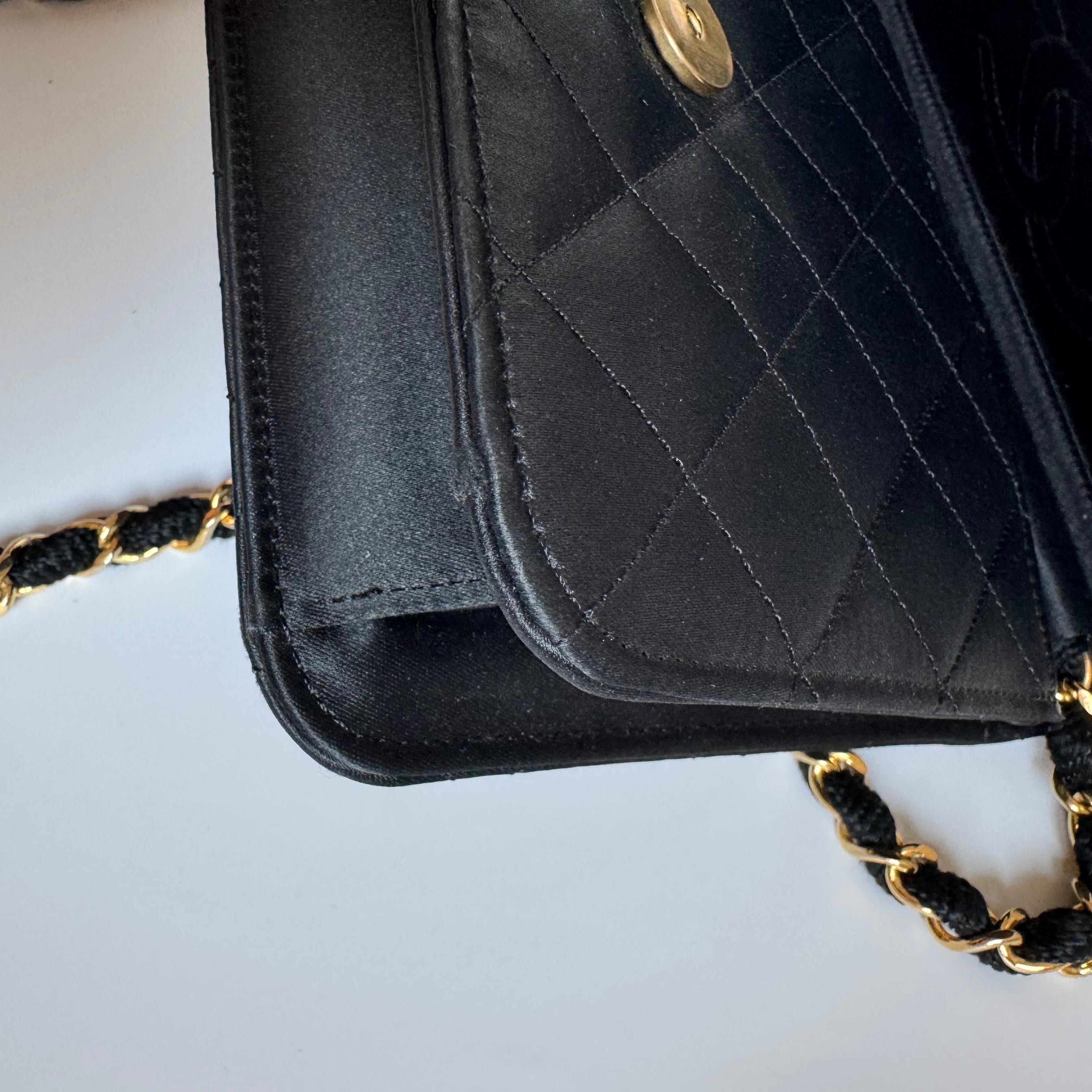 Chanel Vintage Square Wallet on Chain Black Silk Gold Hardware Crossbody Bag For Sale 8