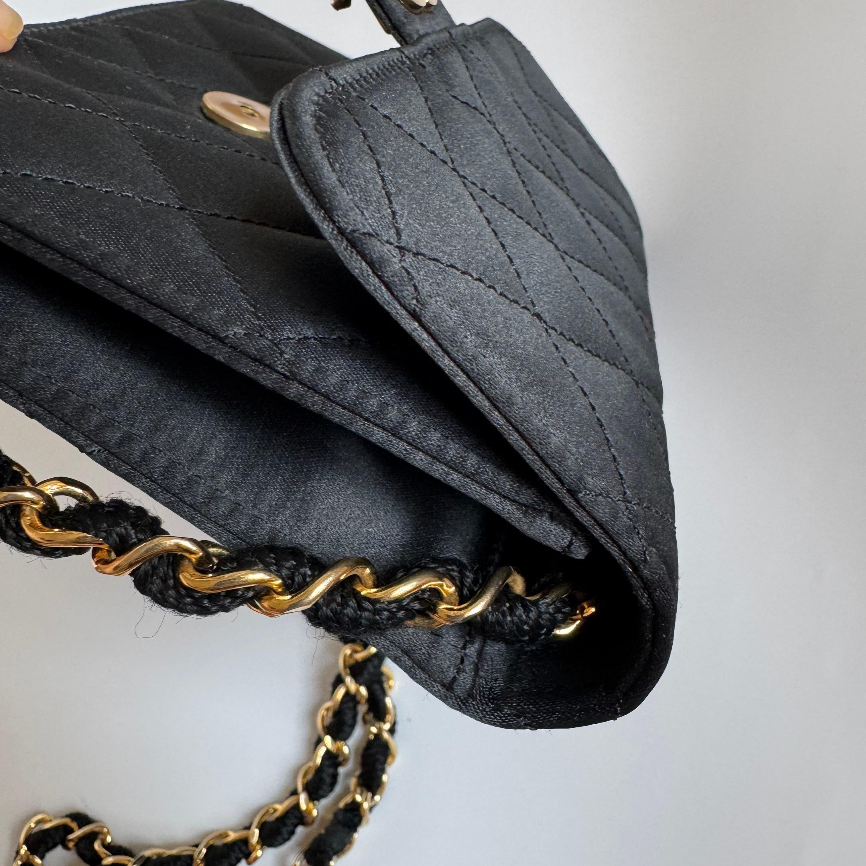 Chanel Vintage Square Wallet on Chain Black Silk Gold Hardware Crossbody Bag For Sale 13