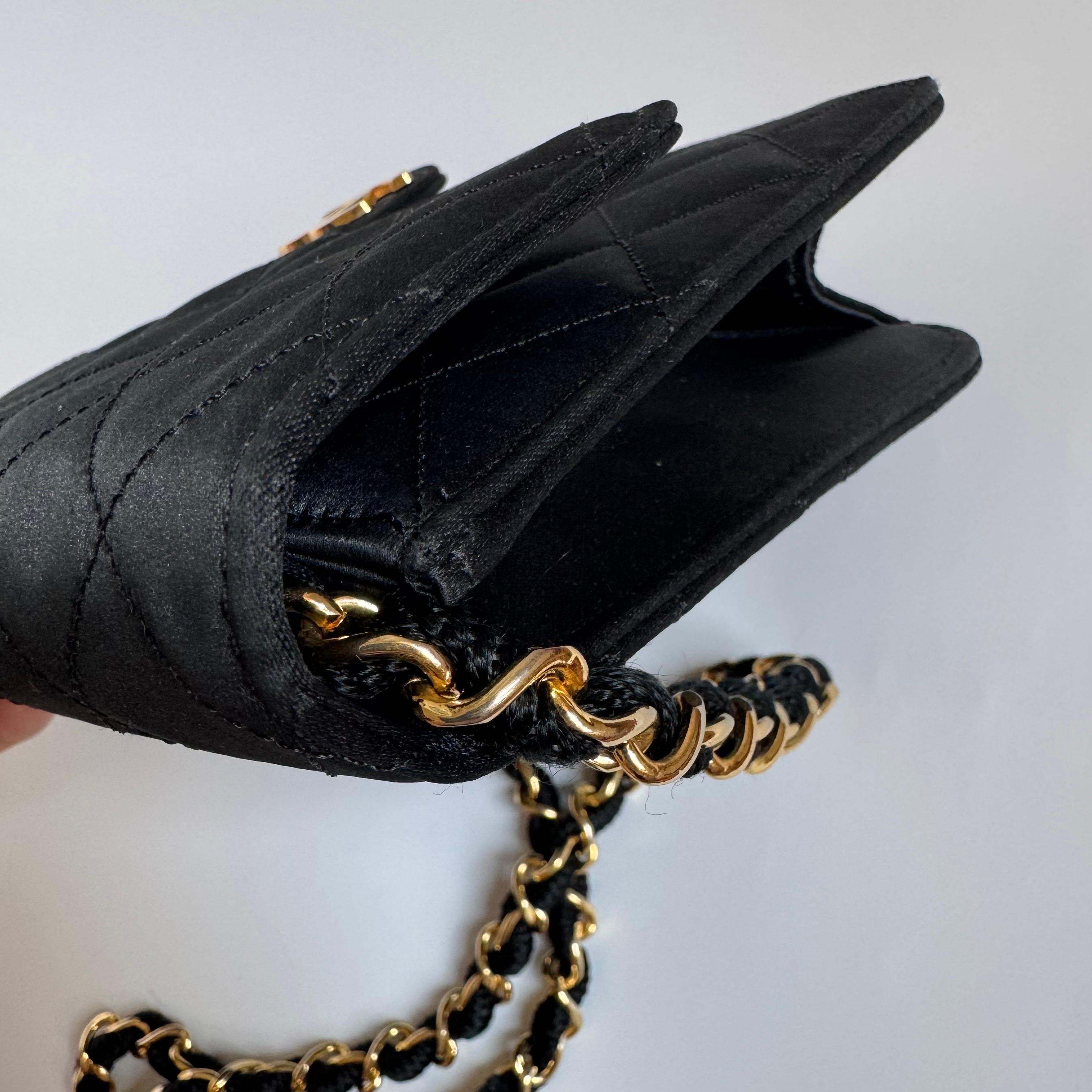 Chanel Vintage Square Wallet on Chain Black Silk Gold Hardware Crossbody Bag For Sale 14