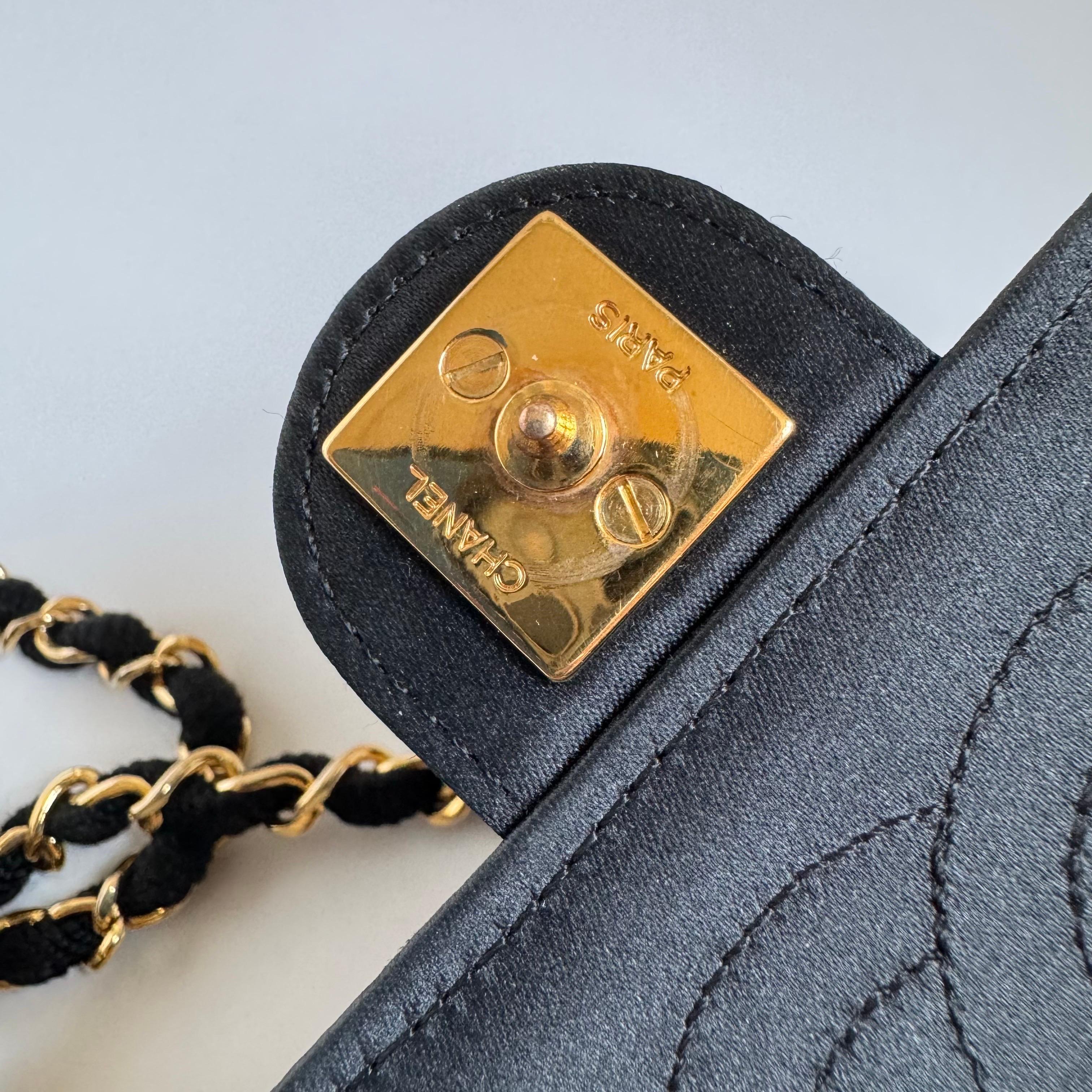 Chanel Vintage Square Wallet on Chain Black Silk Gold Hardware Crossbody Bag For Sale 3