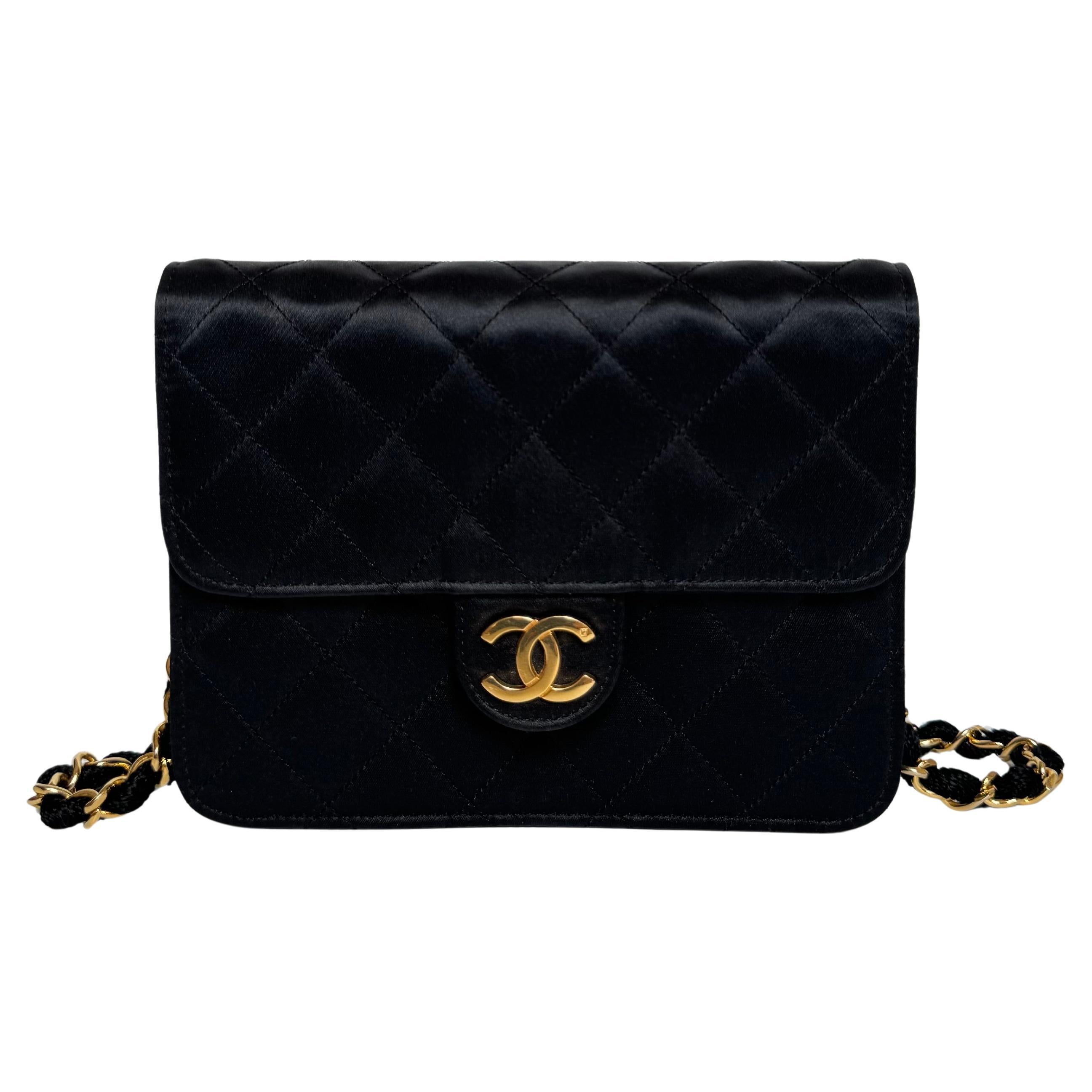 Chanel Vintage Square Wallet on Chain Black Silk Gold Hardware Crossbody Bag For Sale