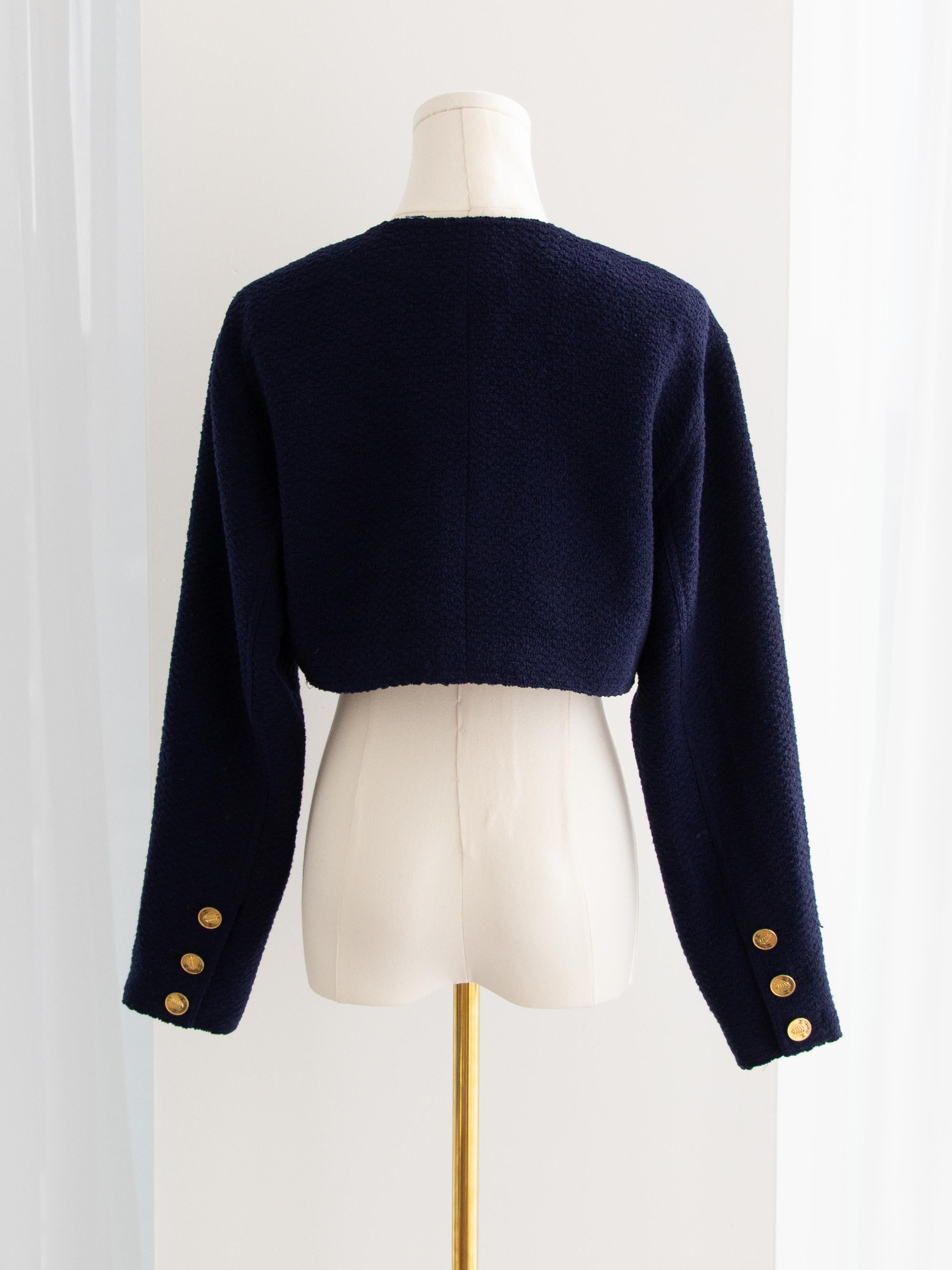 Chanel Vintage F/S 1987 Marineblau Gold Weizen Cropped Tweed Jacke im Angebot 5
