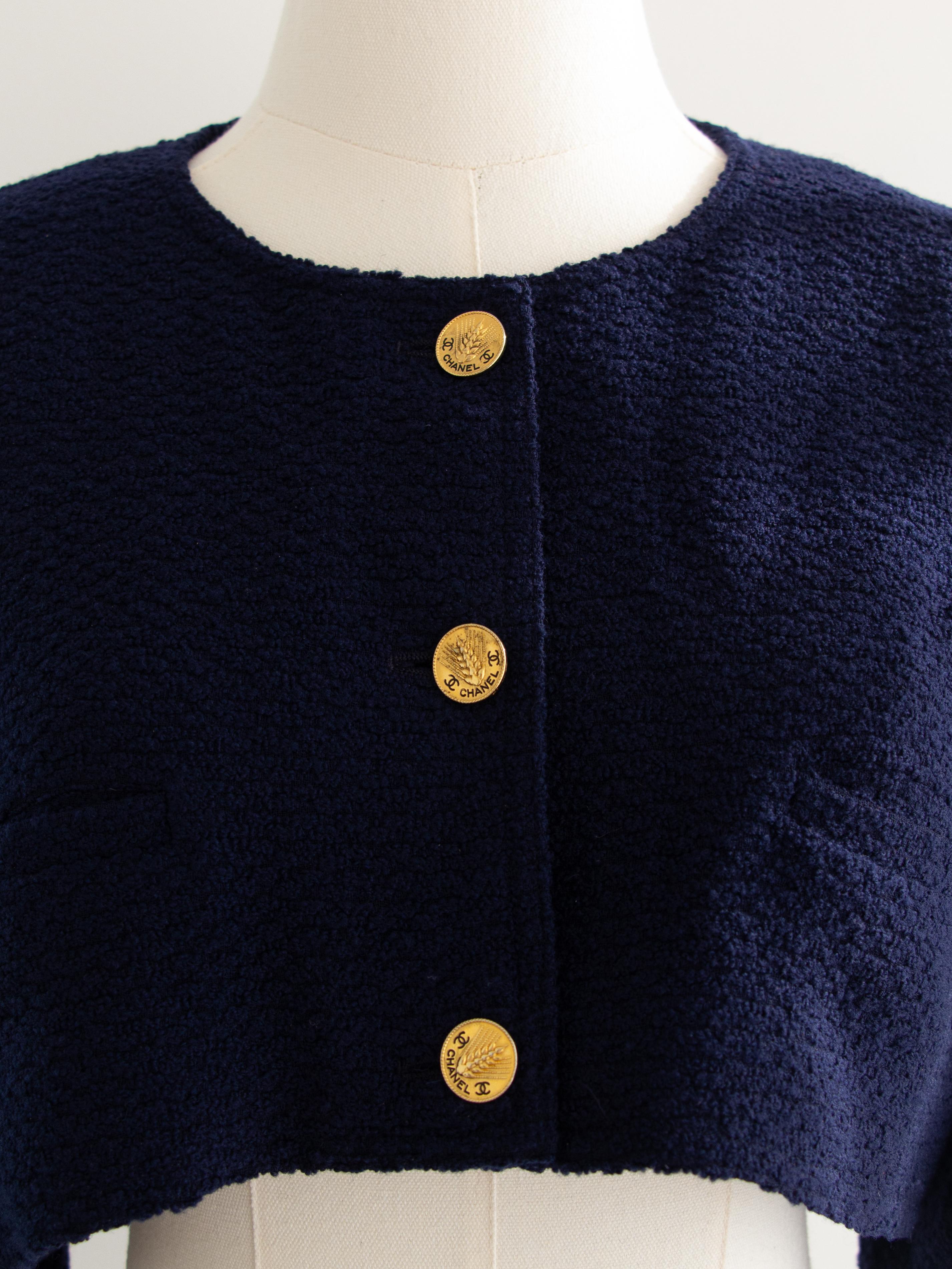 Chanel Vintage F/S 1987 Marineblau Gold Weizen Cropped Tweed Jacke im Angebot 6