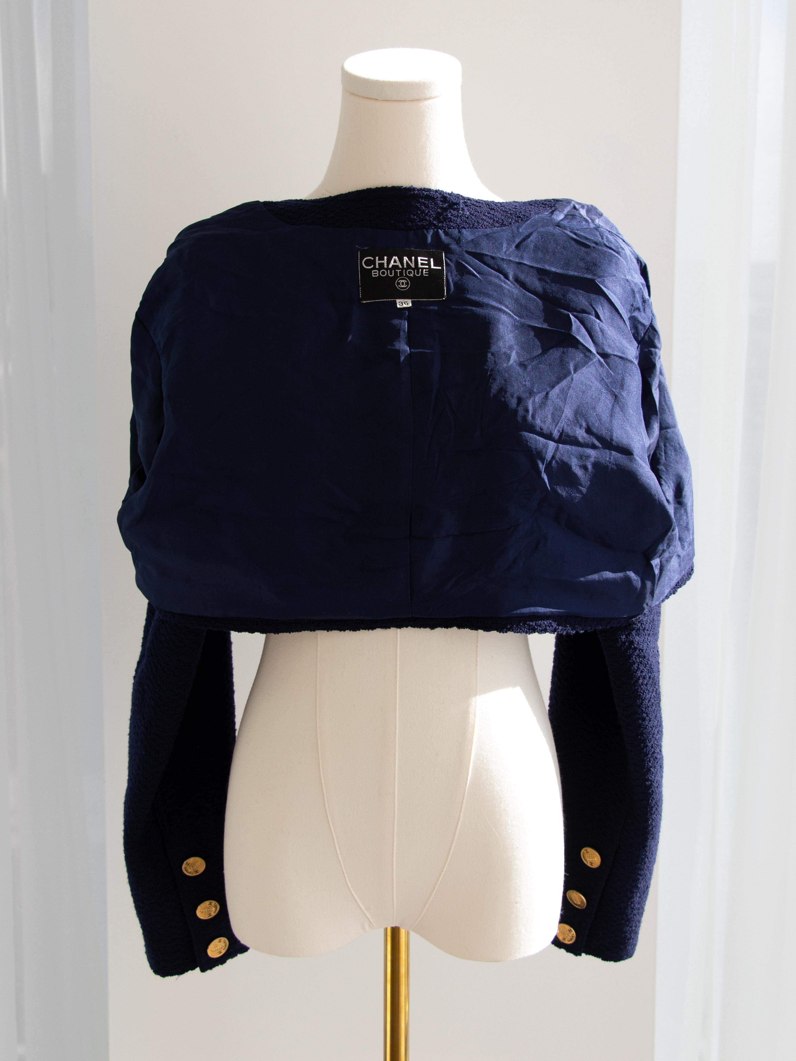 Chanel Vintage F/S 1987 Marineblau Gold Weizen Cropped Tweed Jacke im Angebot 11