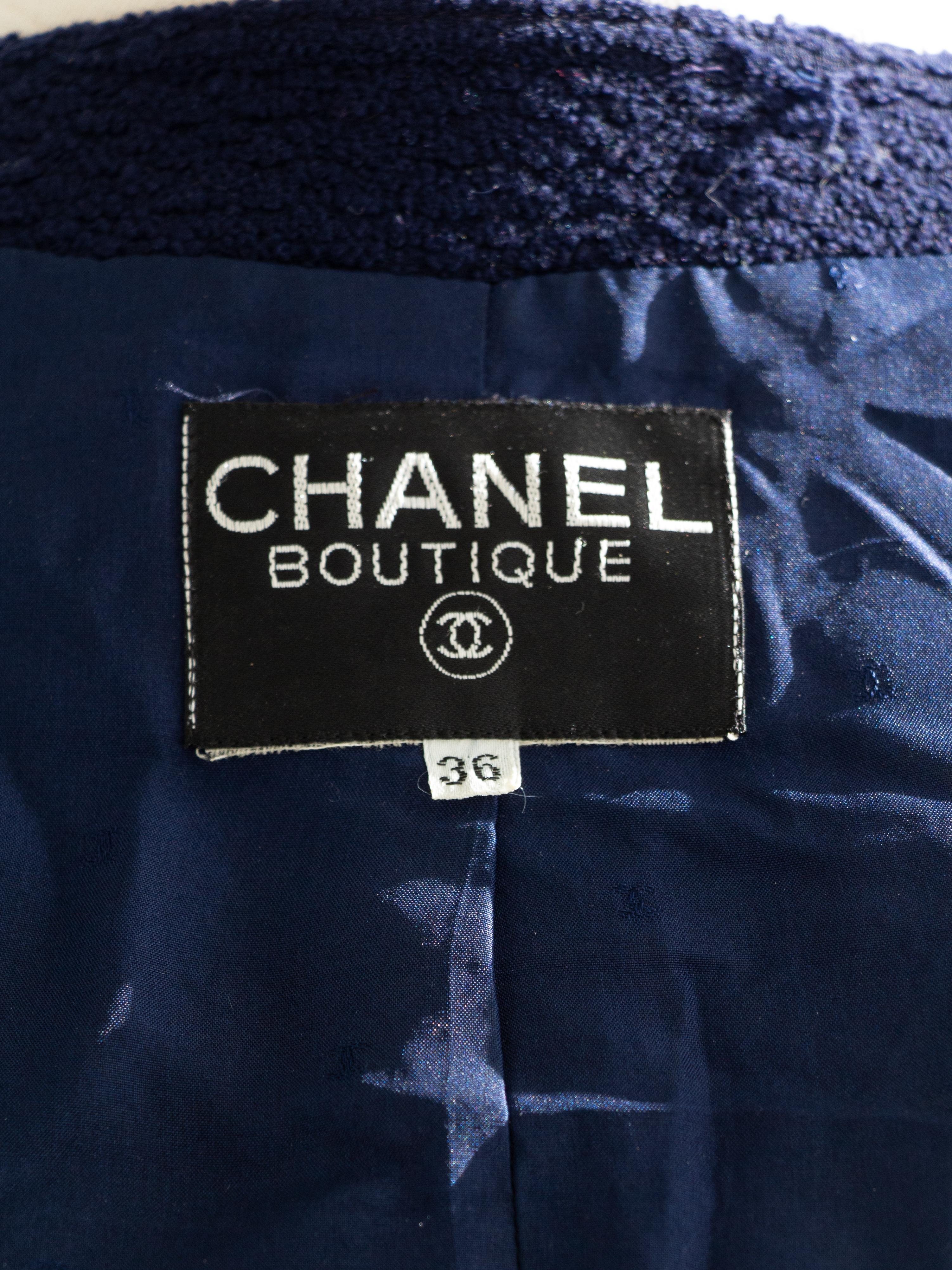 Chanel Vintage F/S 1987 Marineblau Gold Weizen Cropped Tweed Jacke im Angebot 12