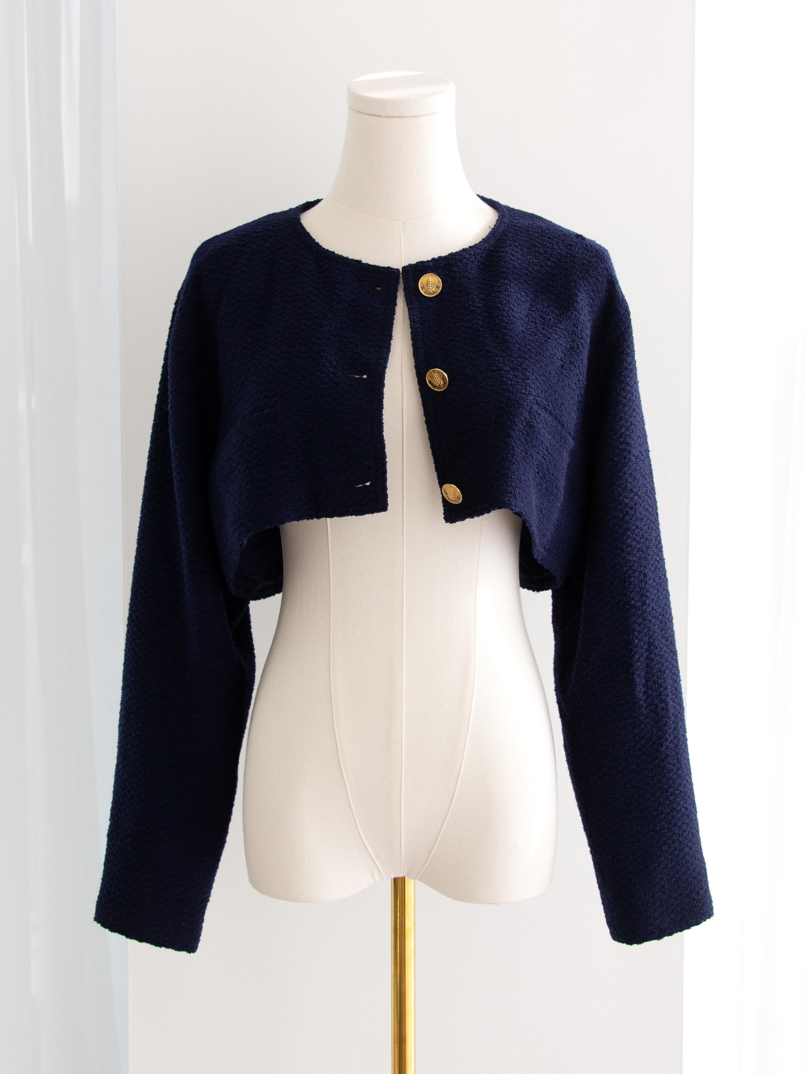 Chanel Vintage F/S 1987 Marineblau Gold Weizen Cropped Tweed Jacke im Angebot 4