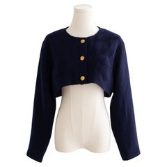 Veste courte en tweed bleu marine et or blé vintage Chanel SS 1987