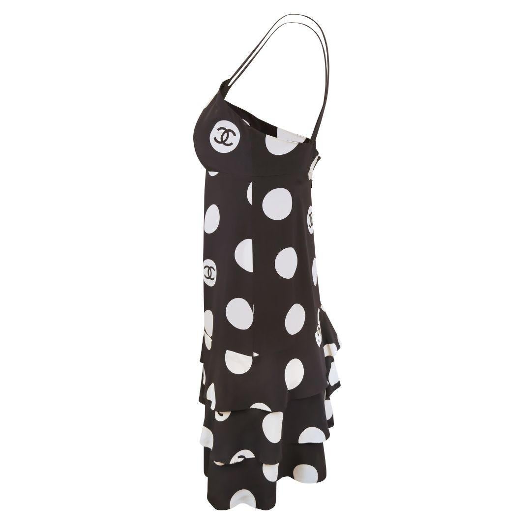 Vintage Chanel polka dot dress as featured in the very iconic 1997 Spring/Summer runway collection by Karl Lagerfeld.

Large black and white polka dot print with CC logo details.

Thin 3/4