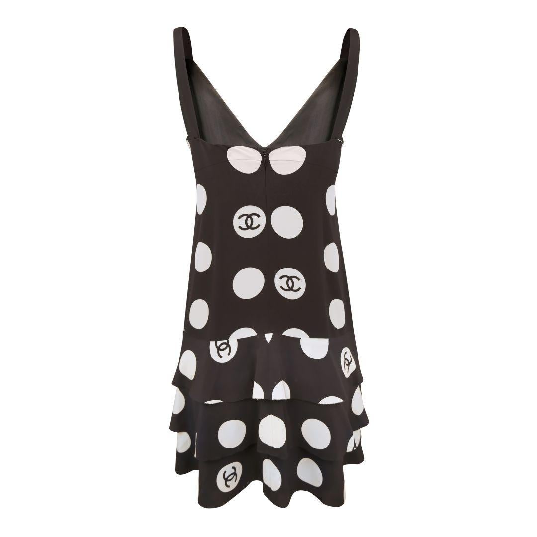 CHANEL Vintage SS 1997 Runway Black and White Tiered Silk Polka Dot Tank Dress In Good Condition For Sale In Morongo Valley, CA