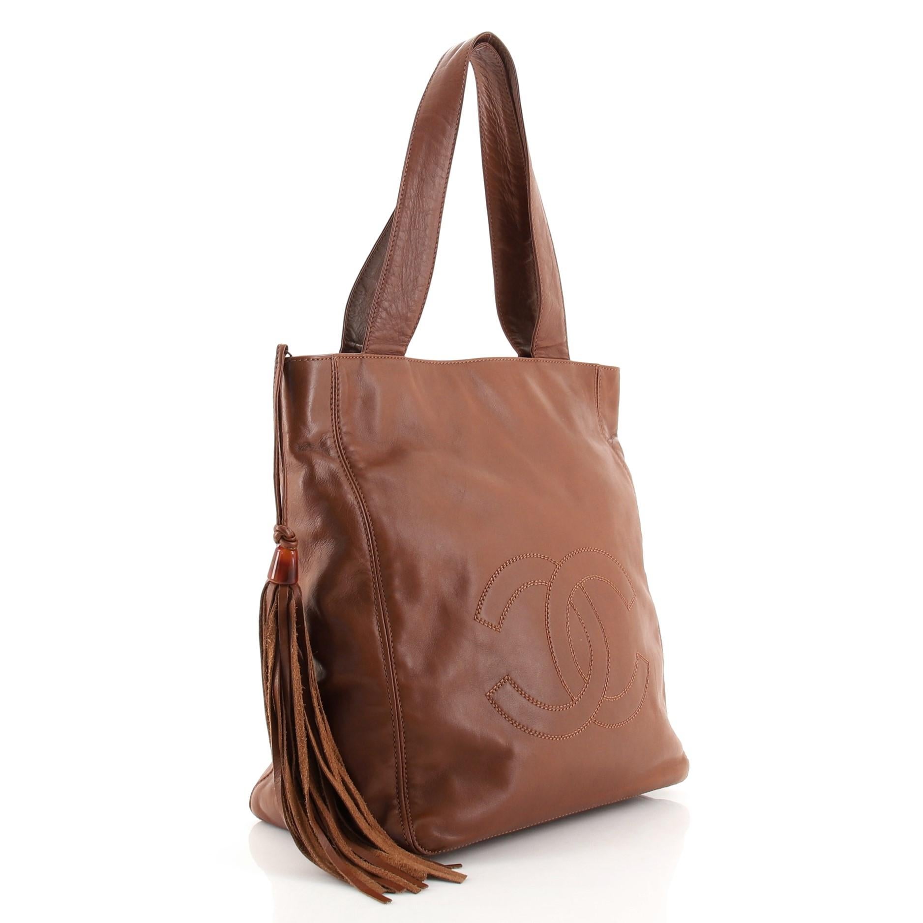 Brown Chanel Vintage Stitched CC Tassel Shoulder Bag Lambskin