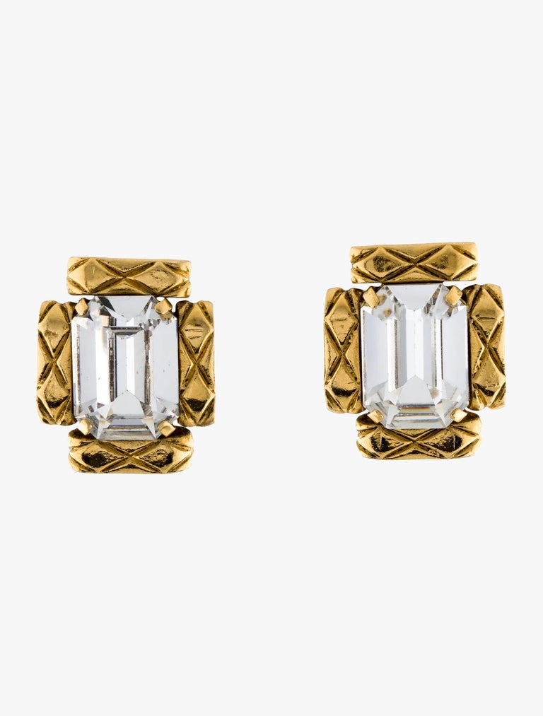 Boucles D'oreilles Clips Vintage Années 80 - Métal Doré, Cabochon Verre Jaune - Occasion