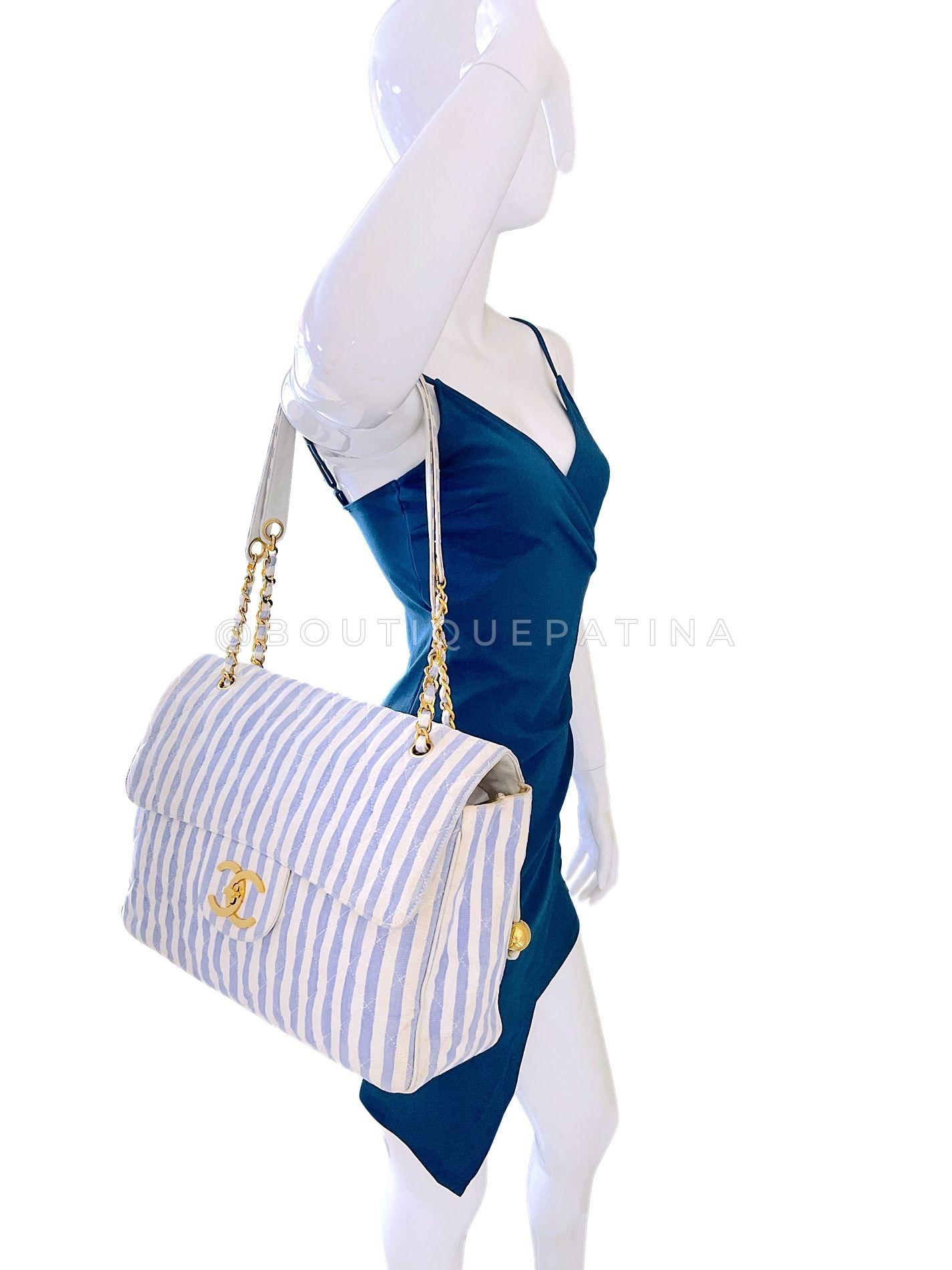 Chanel Vintage Striped Blue White Supermodel XL Travel Flap Bag 24k GHW 68836 en vente 9