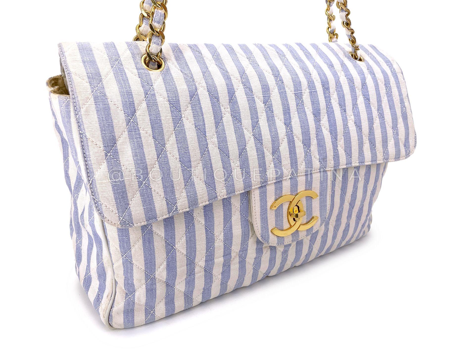 Gris Chanel Vintage Striped Blue White Supermodel XL Travel Flap Bag 24k GHW 68836 en vente