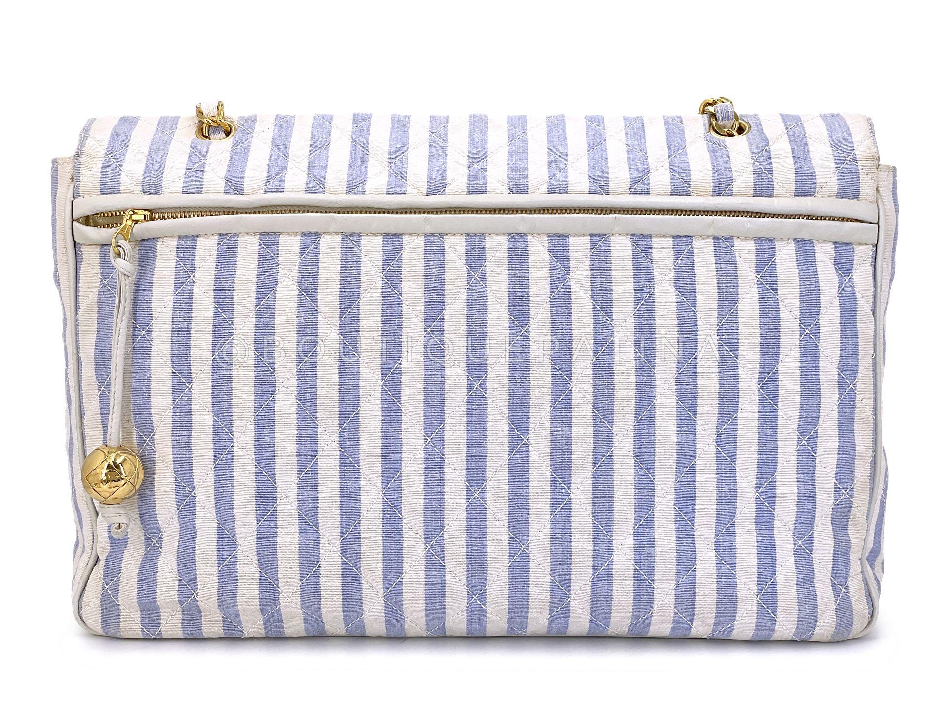 Chanel Vintage Striped Blue White Supermodel XL Travel Flap Bag 24k GHW 68836 Pour femmes en vente