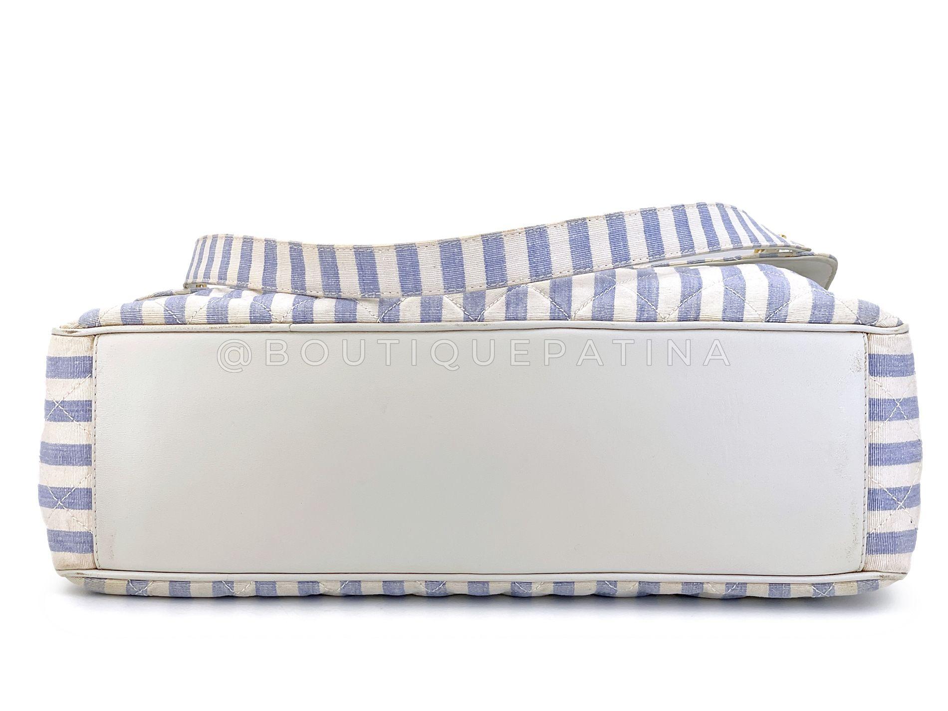 Chanel Vintage Striped Blue White Supermodel XL Travel Flap Bag 24k GHW 68836 en vente 1