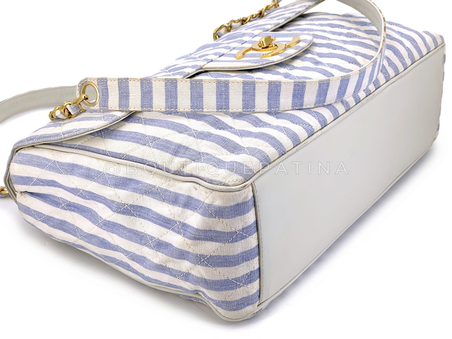 Chanel Vintage Striped Blue White Supermodel XL Travel Flap Bag 24k GHW 68836 en vente 2