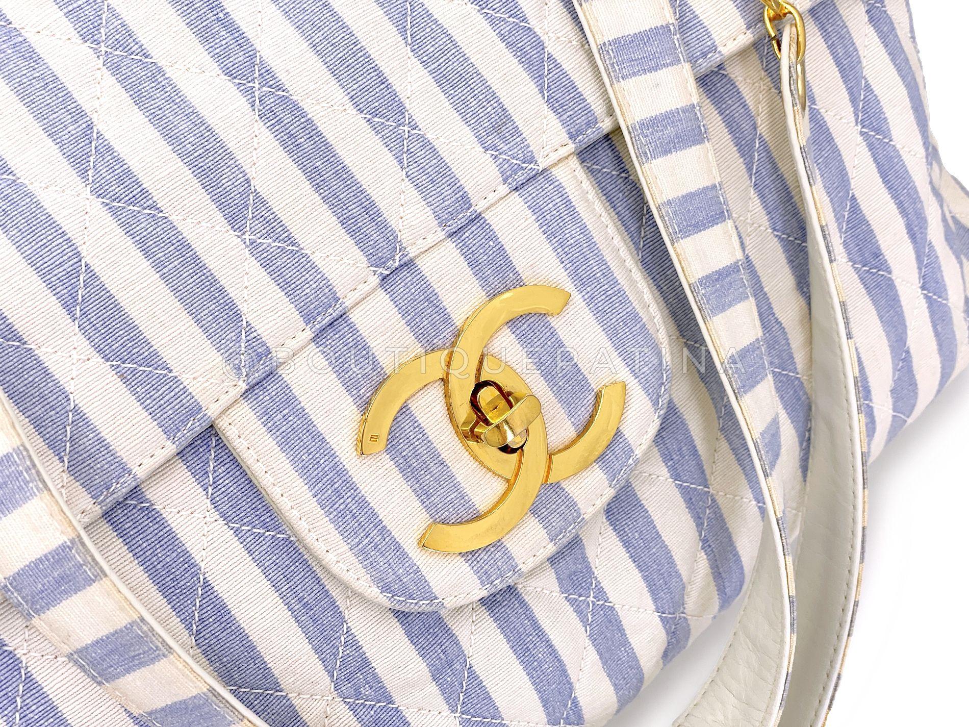 Chanel Vintage Striped Blue White Supermodel XL Travel Flap Bag 24k GHW 68836 en vente 3