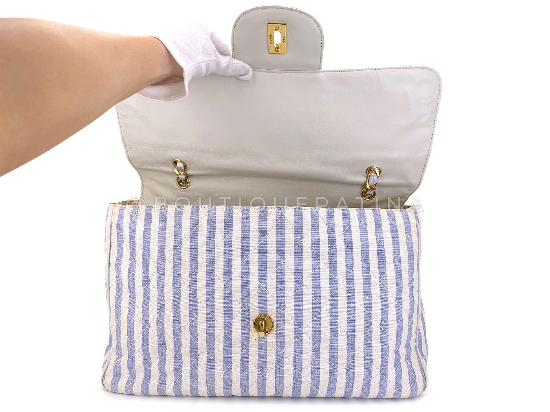 Chanel Vintage Striped Blue White Supermodel XL Travel Flap Bag 24k GHW 68836 en vente 4
