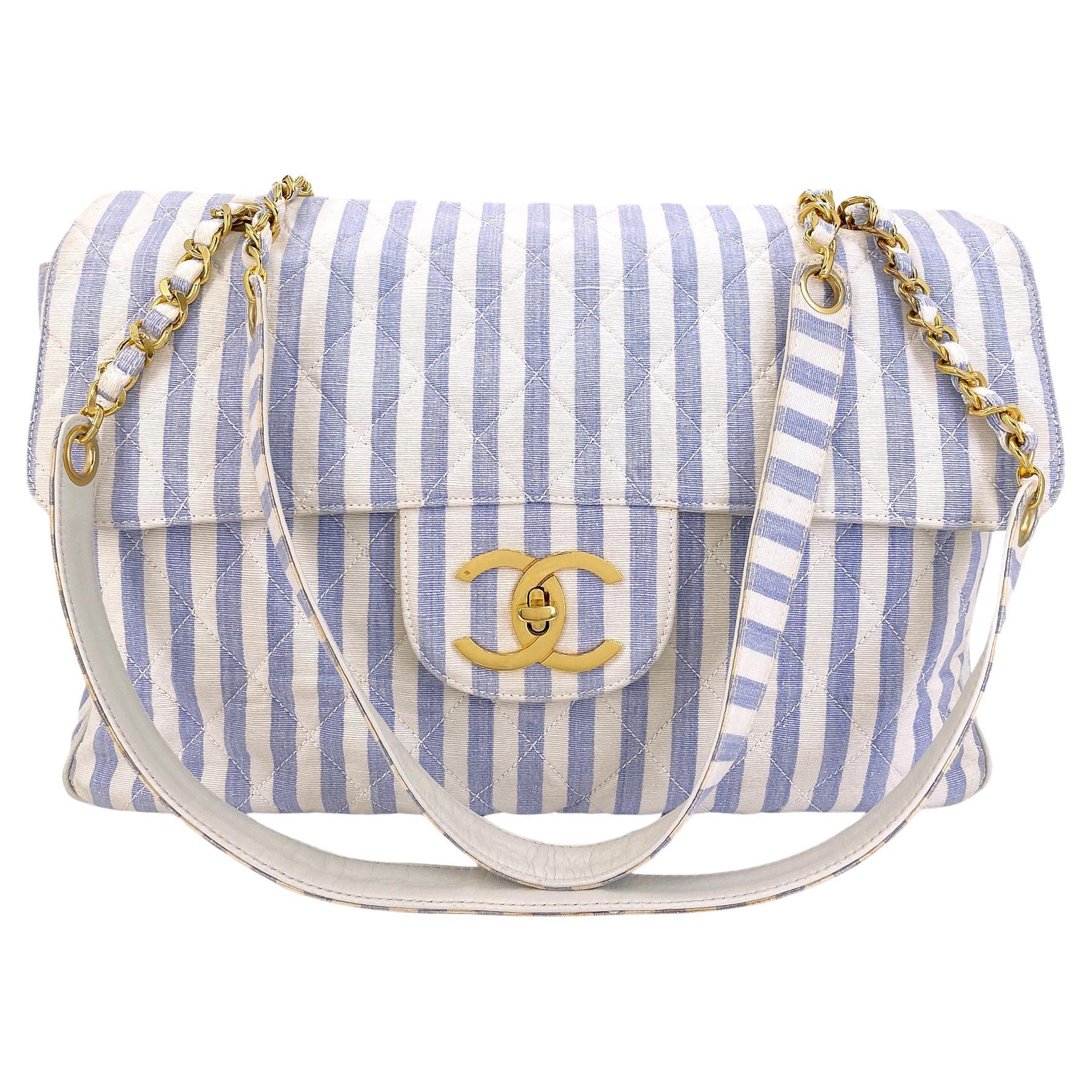 Chanel Vintage Striped Blue White Supermodel XL Travel Flap Bag 24k GHW 68836 en vente