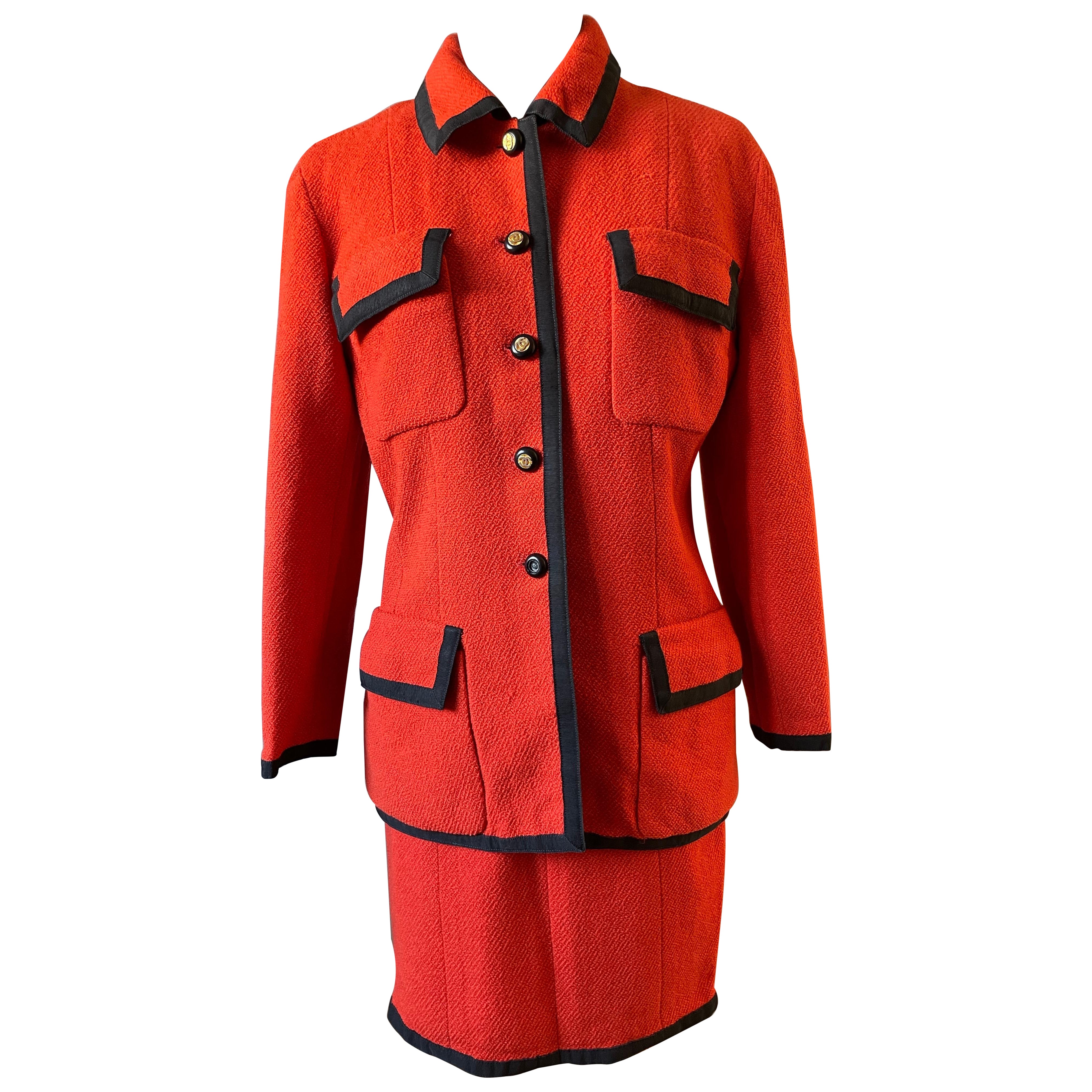 Chanel 1990s Vintage Coral Tweed Women's Suit Jacket & Skirt Ensemble