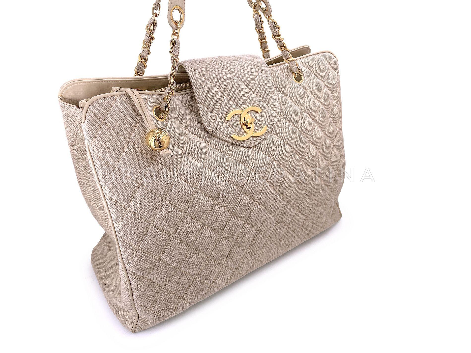 Store item: 68015
This Chanel Vintage Supermodel Taupe Beige Linen XL Weekender Tote Bag 24k GHW model is generally hard to find, but even harder in this material and color. Exquisitely Chanel vintage classic, this gorgeous weekender must not be