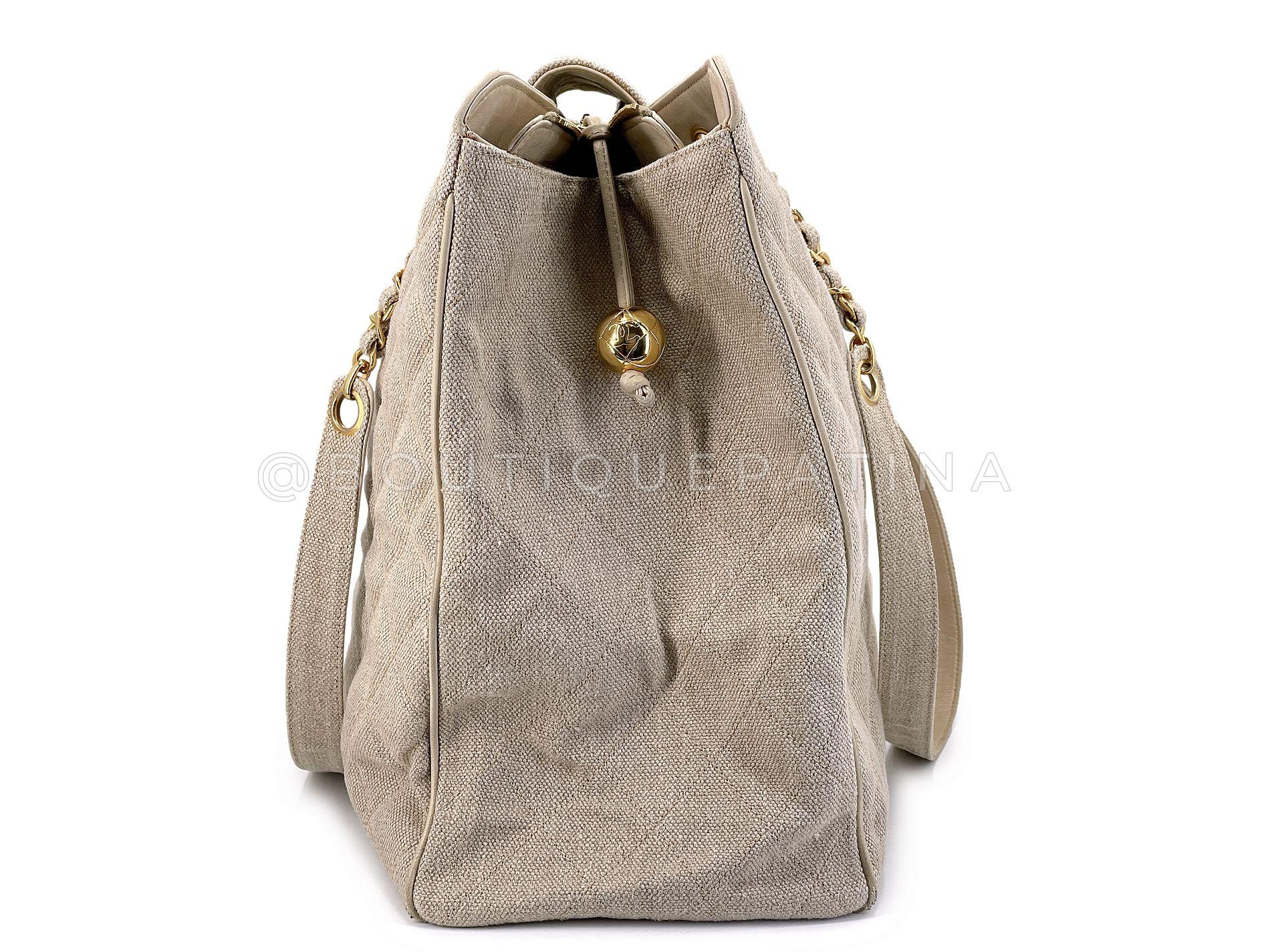 Chanel Vintage Supermodel Taupe Beige Linen XL Weekender Tote Bag 24k GHW 68015 In Excellent Condition For Sale In Costa Mesa, CA