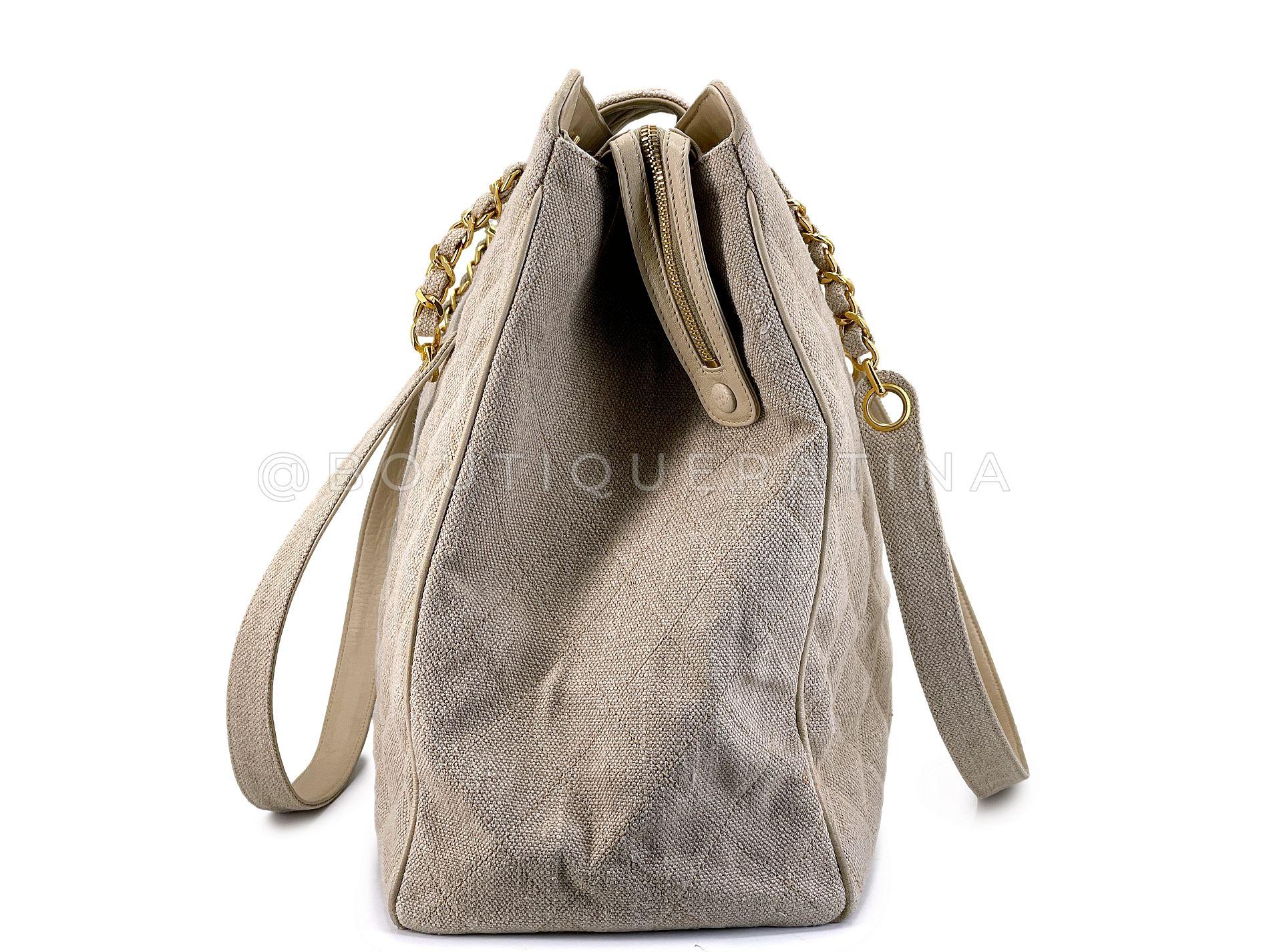 Women's Chanel Vintage Supermodel Taupe Beige Linen XL Weekender Tote Bag 24k GHW 68015