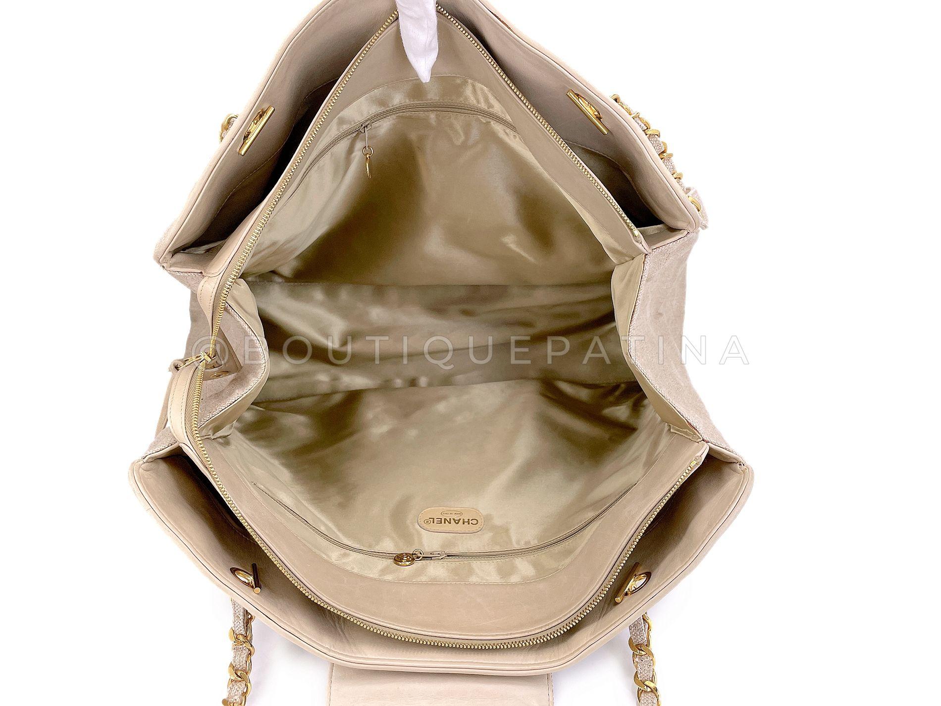 Chanel Vintage Supermodel Taupe Beige Linen XL Weekender Tote Bag 24k GHW 68015 For Sale 5