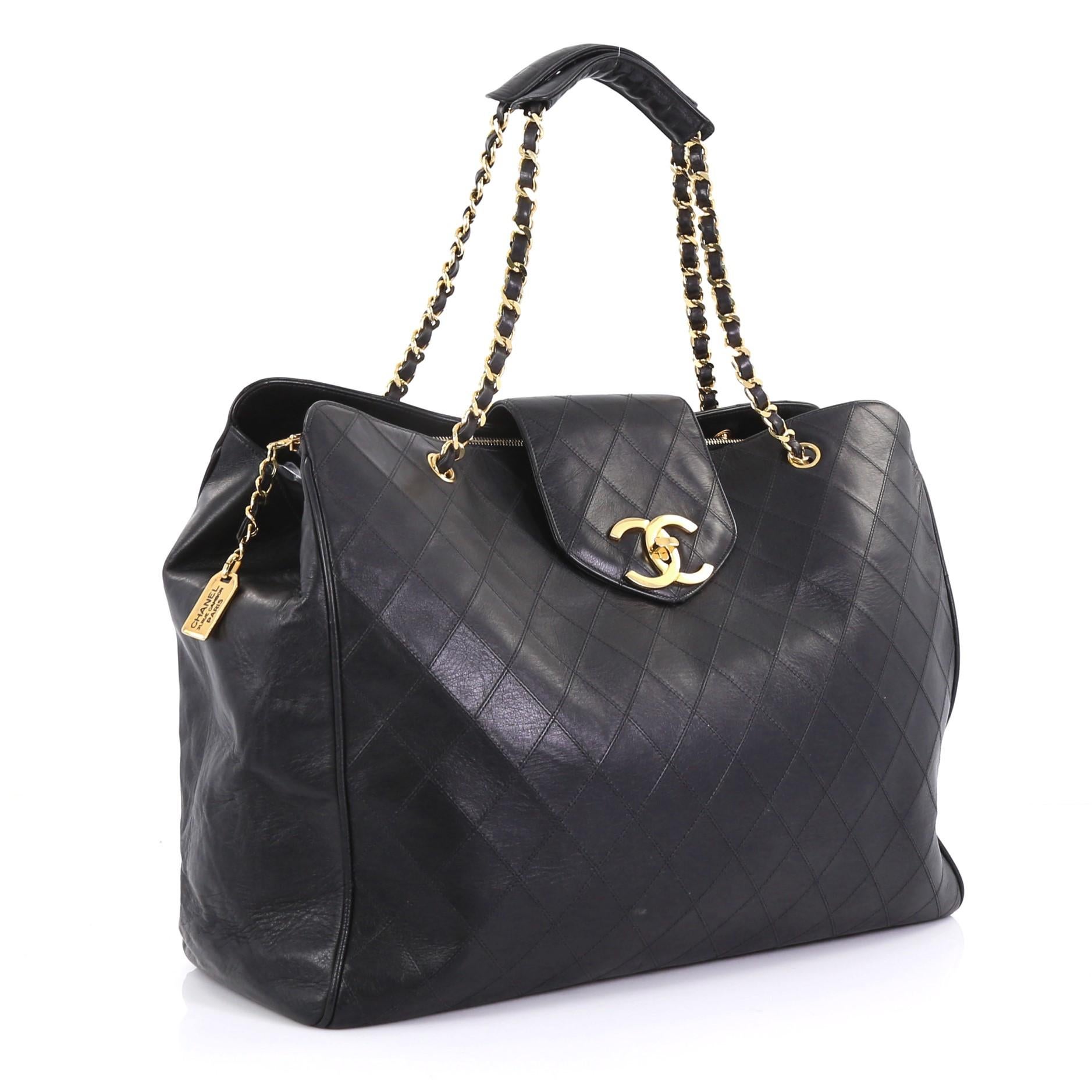 Black  Chanel Vintage Supermodel Weekender Bag Quilted Leather Large