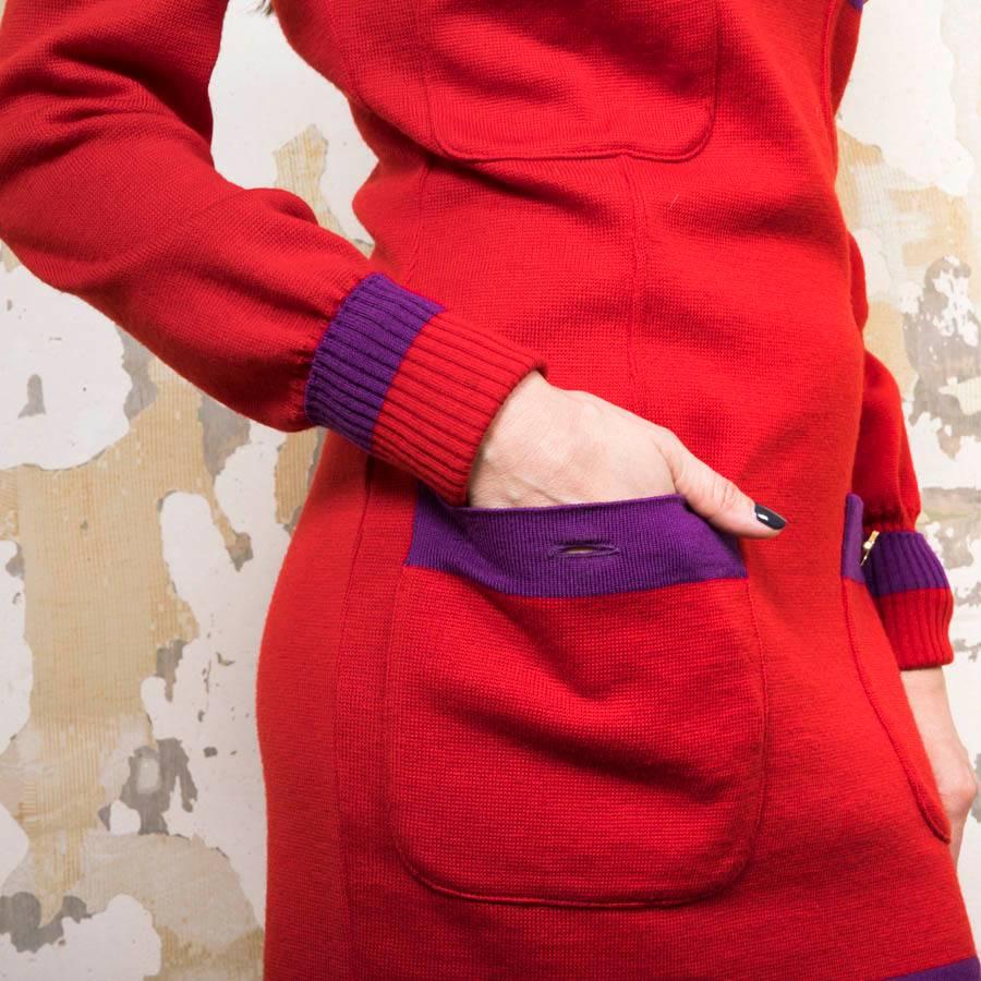 Women's CHANEL Vintage Sweater and Skirt Set in Red Wool with Purple Borders Size 38FR