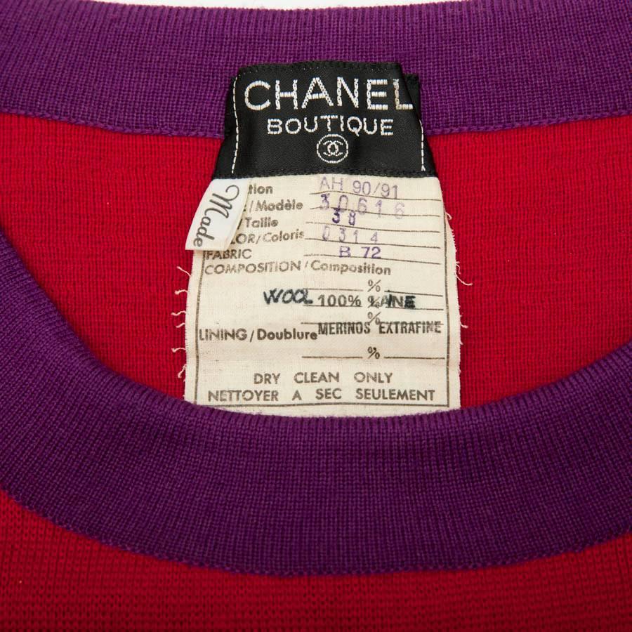 CHANEL Vintage Sweater and Skirt Set in Red Wool with Purple Borders Size 38FR 3