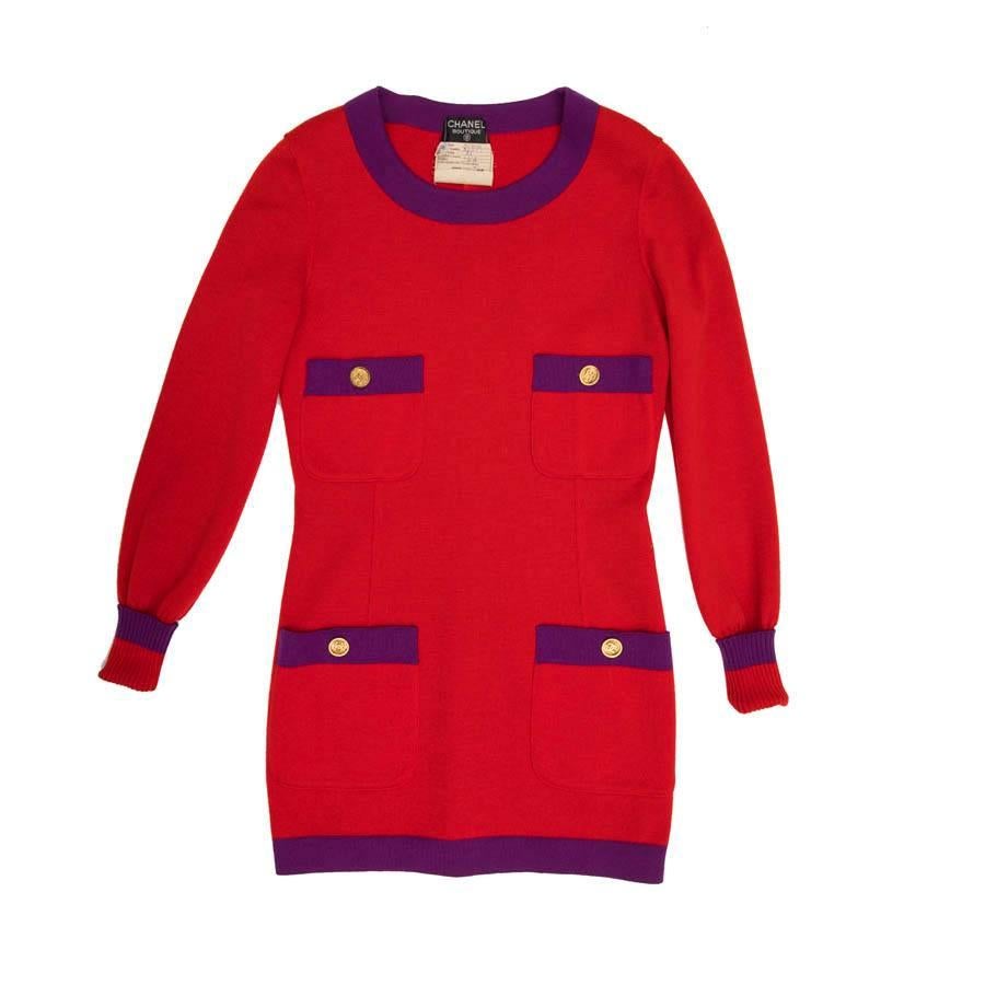 CHANEL Vintage Sweater and Skirt Set in Red Wool with Purple Borders Size 38FR