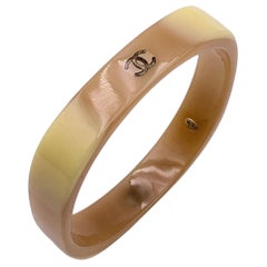 Chanel Vintage Tan Beige Resin CC Logo Cuff Bangle Bracelet