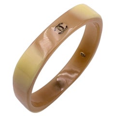 Chanel Vintage Tan Beige Resin CC Logo Cuff Bangle Bracelet