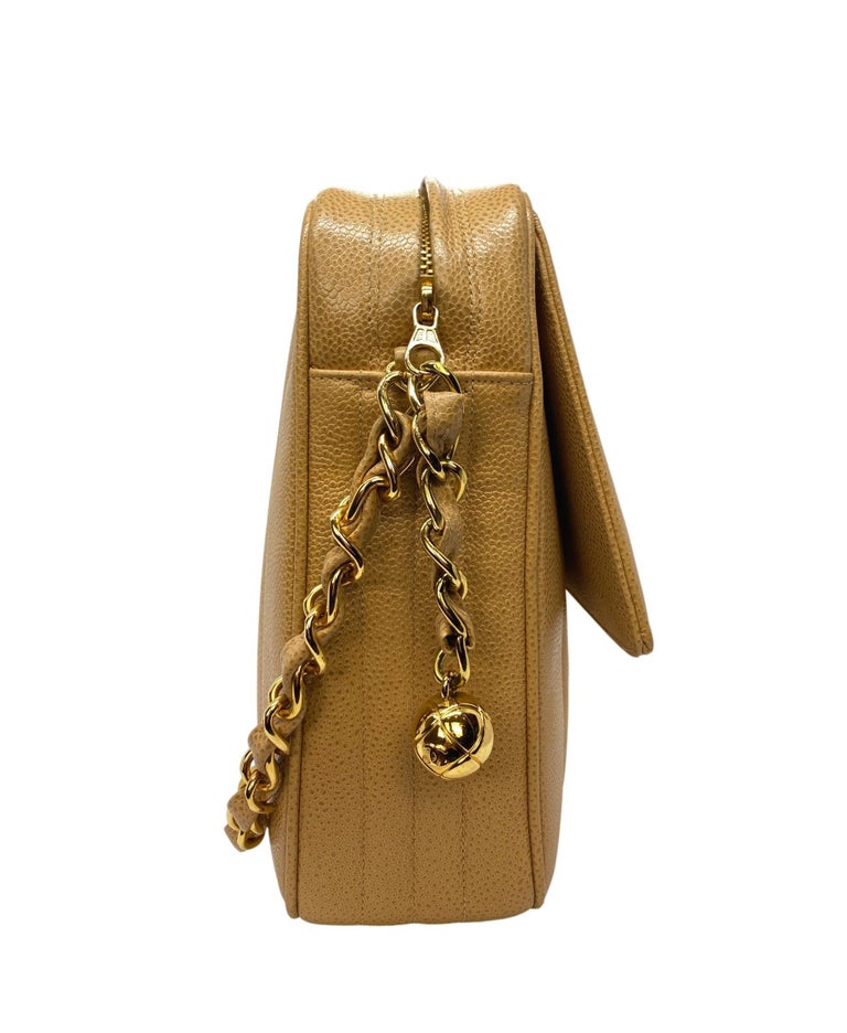 Chanel Vintage Tan Caviar Leather Camera Crossbody Bag with Gold