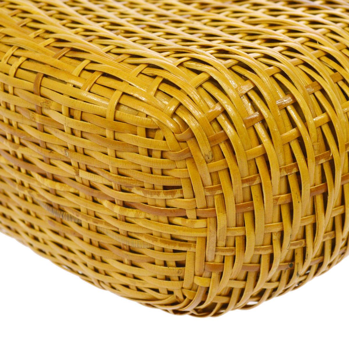Brown Chanel Vintage Tan Wicker Denim Picnic Lunch Bucket Shoulder Flap Small Bag For Sale
