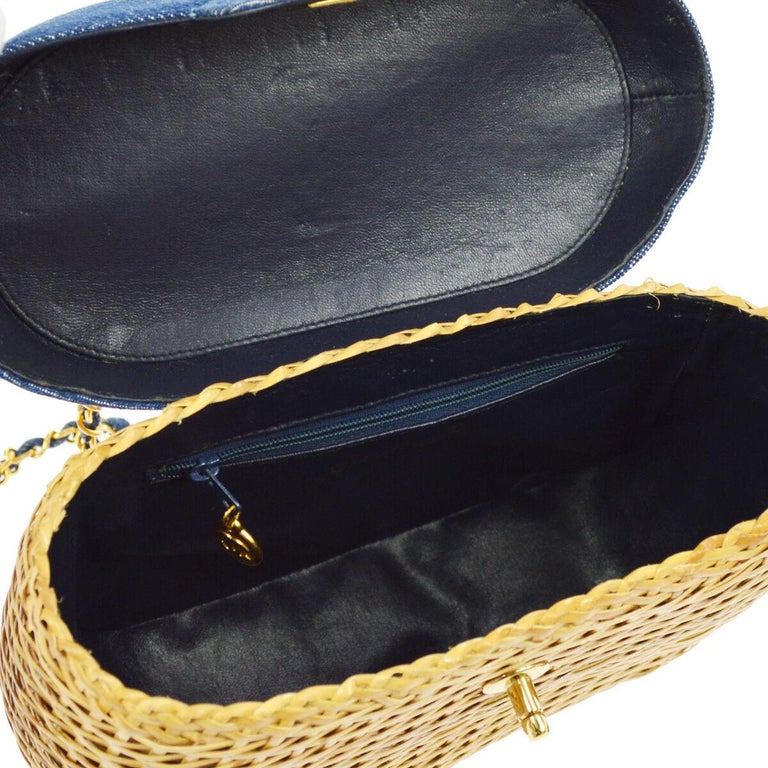 Chanel Vintage Tan Wicker Denim Picnic Lunch Bucket Shoulder Flap Small Bag For Sale 2