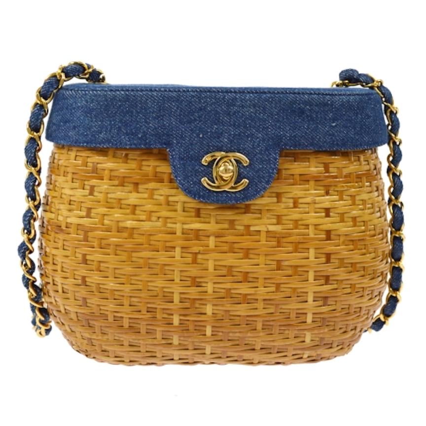 Chanel Vintage Tan Wicker Denim Picnic Lunch Bucket Shoulder Flap Small Bag