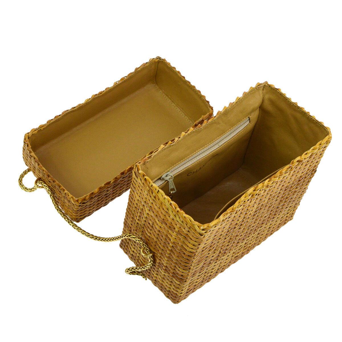 Brown Chanel Vintage Tan Wicker Gold Picnic Lunch Bucket Shoulder Flap Small Bag For Sale