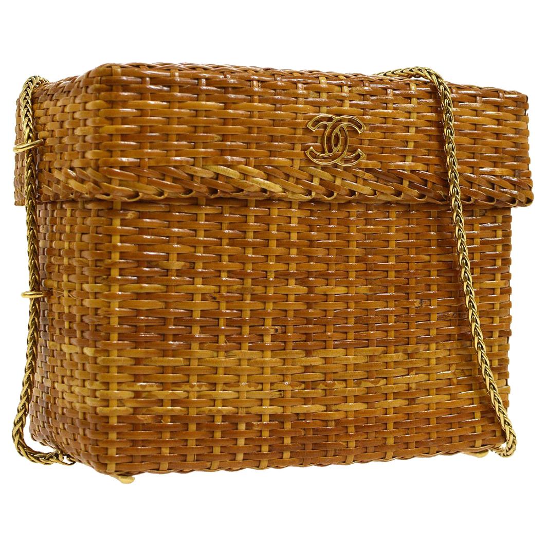 Chanel Vintage Tan Wicker Gold Picnic Lunch Bucket Shoulder Flap Small Bag