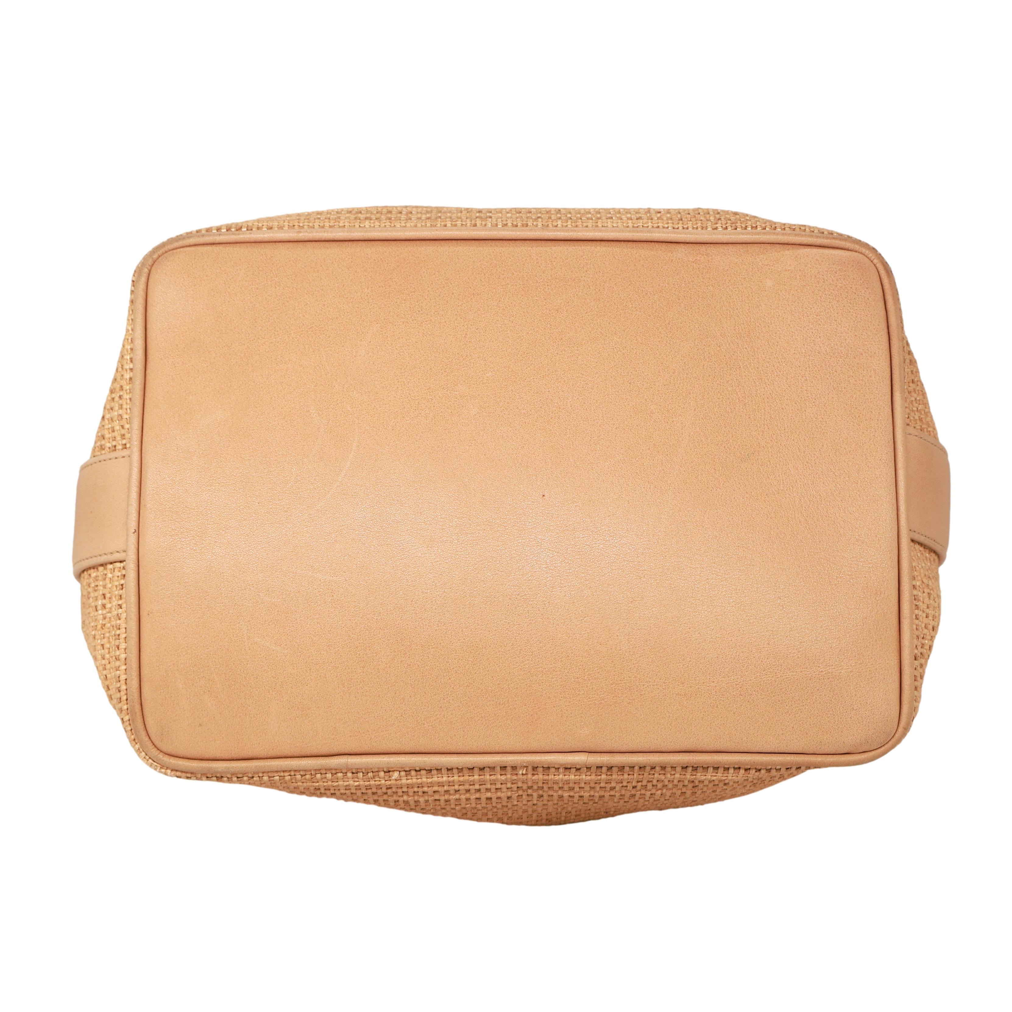 Chanel Vintage Tan Woven Raffia and Leather Drawstring Bucket Bag, 1992-1993. For Sale 2