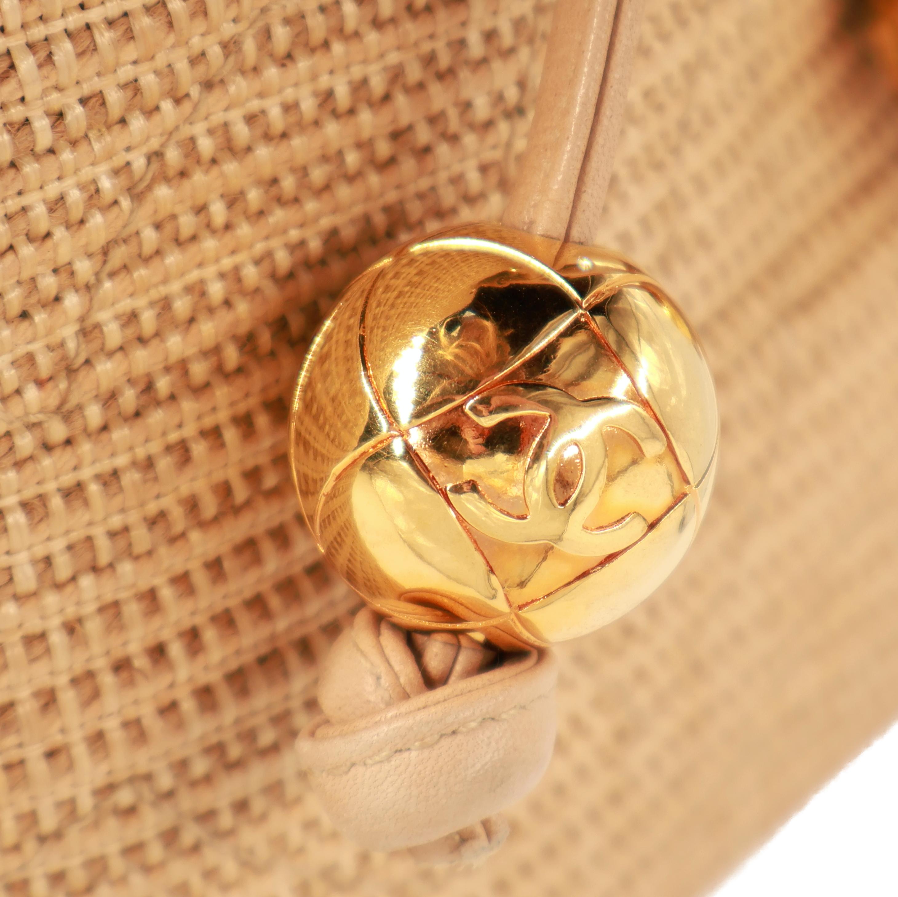 Chanel Vintage Tan Woven Raffia and Leather Drawstring Bucket Bag, 1992-1993. For Sale 3